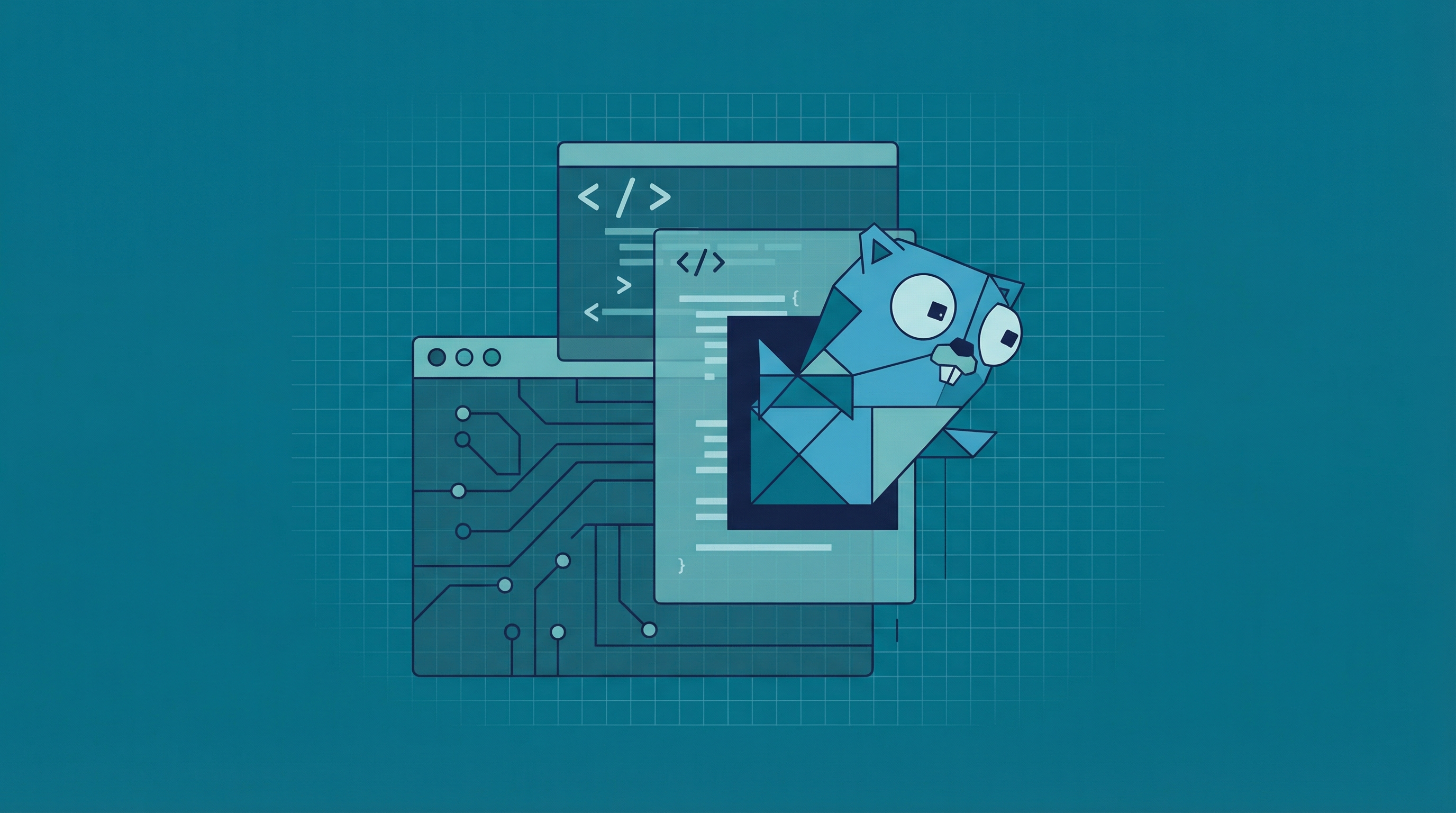 Abstract illustration of the Go gopher mascot emerging from geometric code patterns in teal tones