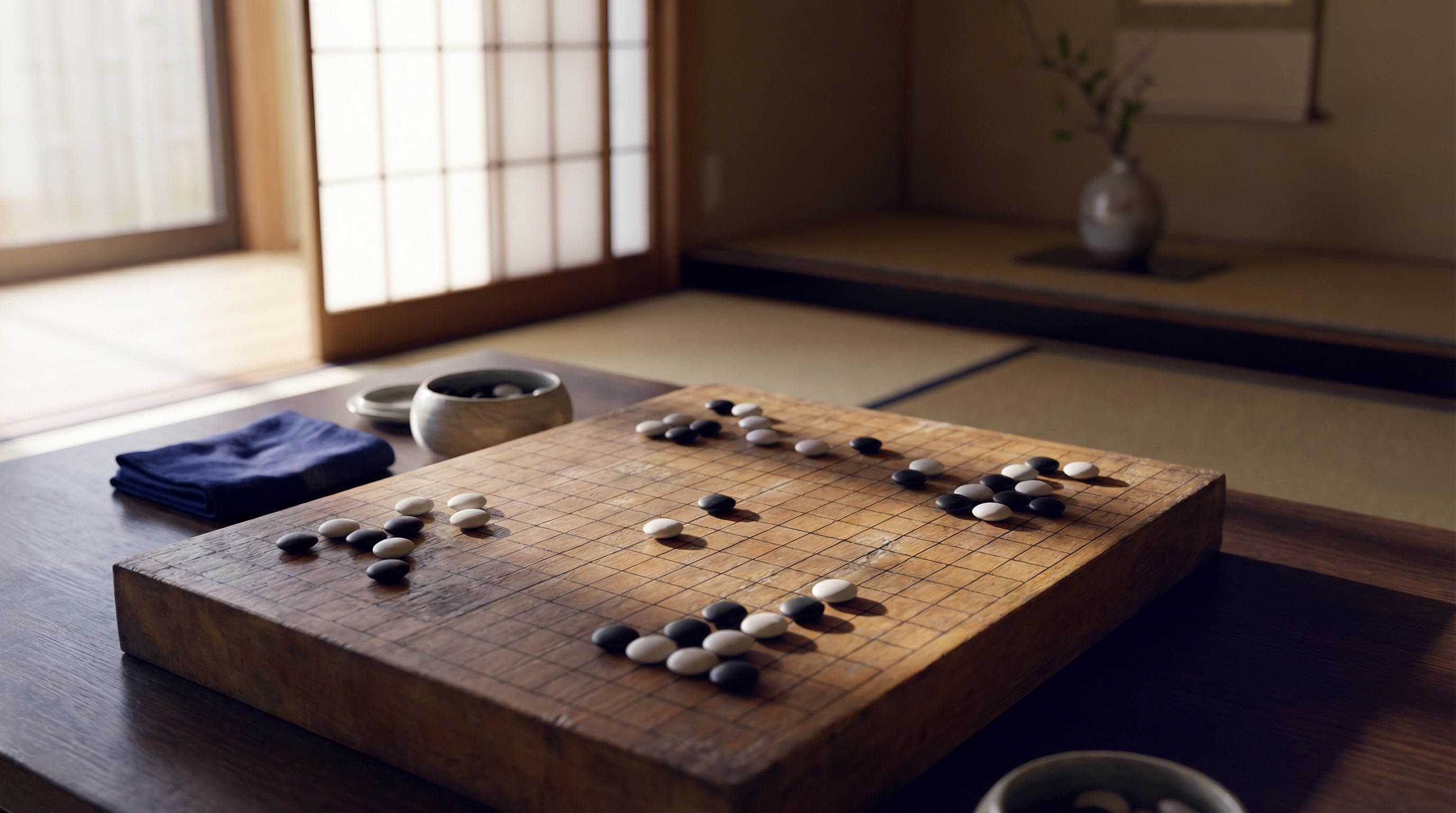 Traditional Go board with black and white stones in soft natural light