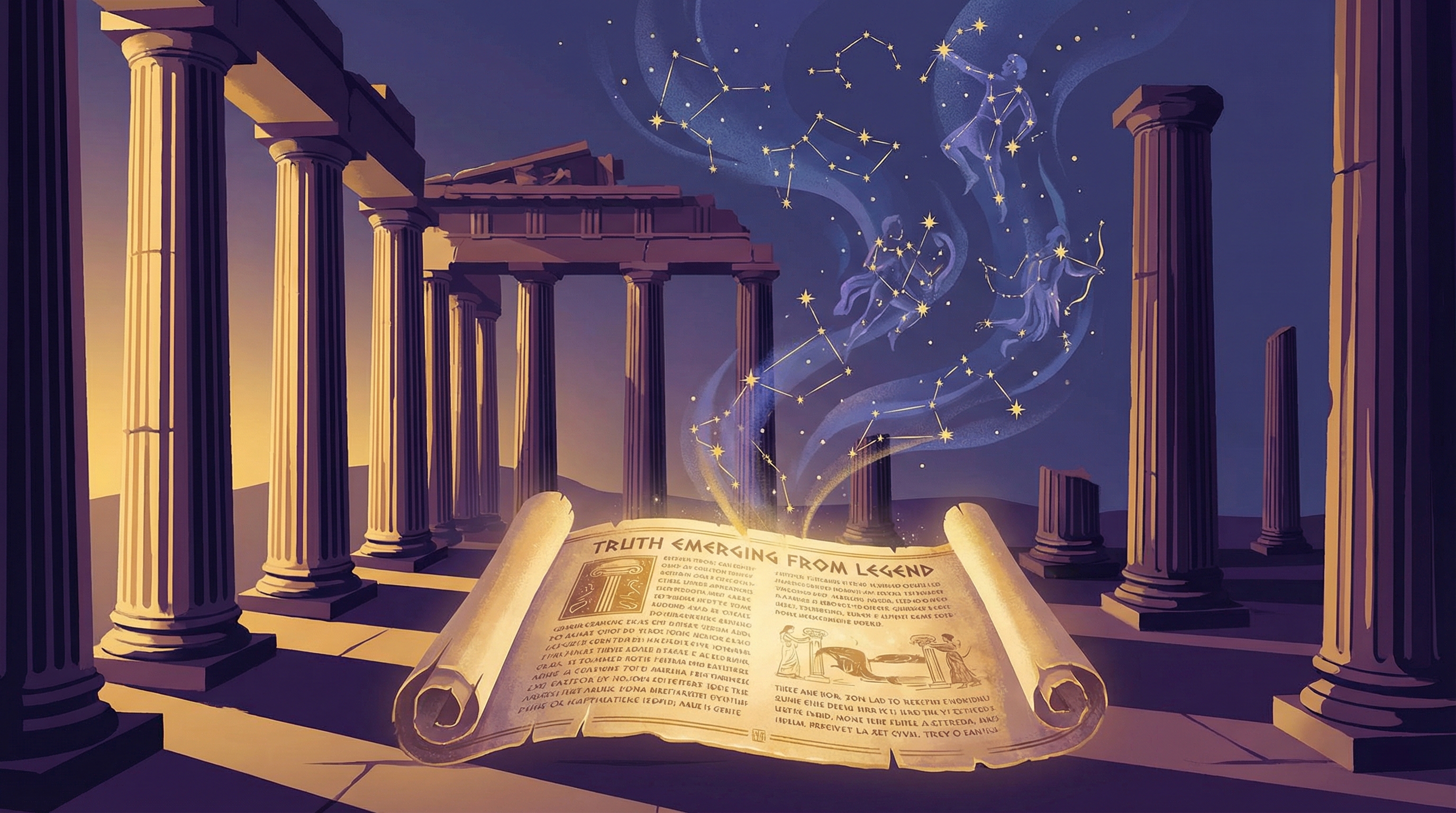 Ancient Greek temple ruins with mythological scroll unfurling against a starry sky