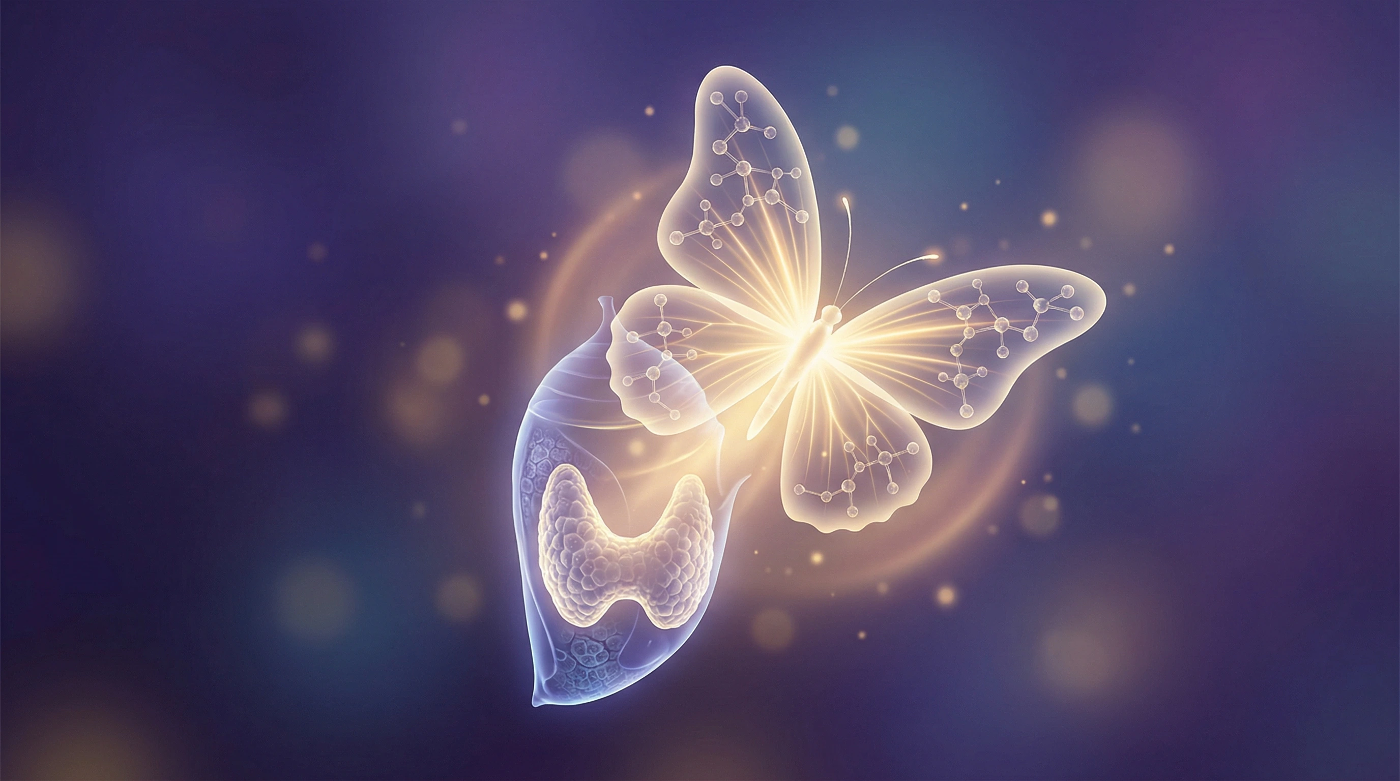 Abstract illustration of butterfly emerging from thyroid-shaped cocoon with pharmaceutical molecular structures