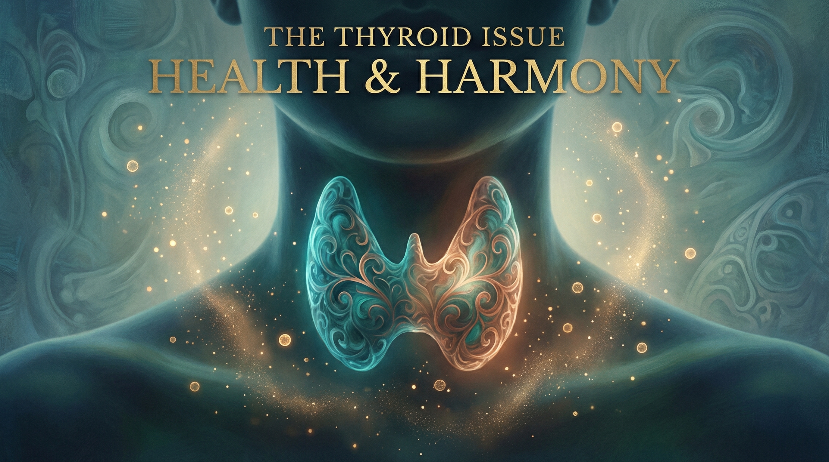 Artistic rendering of a butterfly-shaped thyroid gland in teal and copper tones, surrounded by immune cell particles