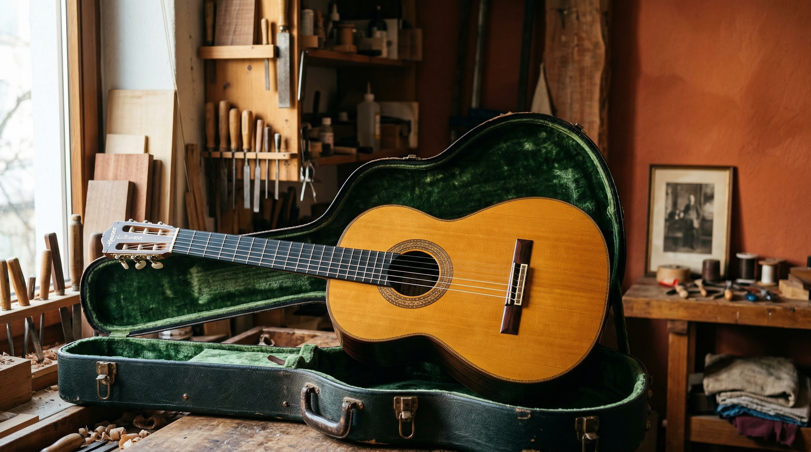 A masterfully crafted Hermann Hauser classical guitar in a traditional Munich luthier workshop