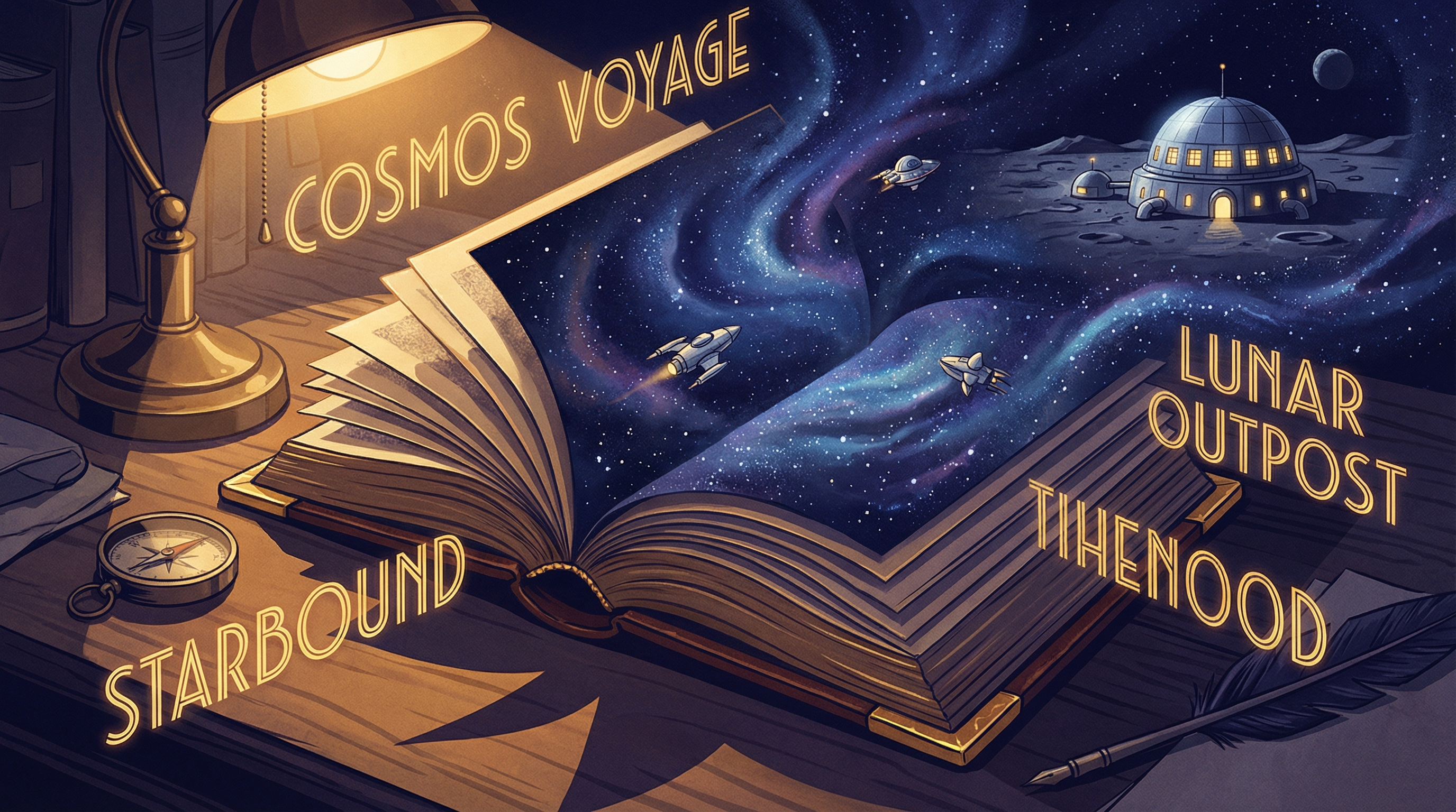 An open book transforming into a starfield with spacecraft and a lunar colony, capturing the spirit of Golden Age science fiction
