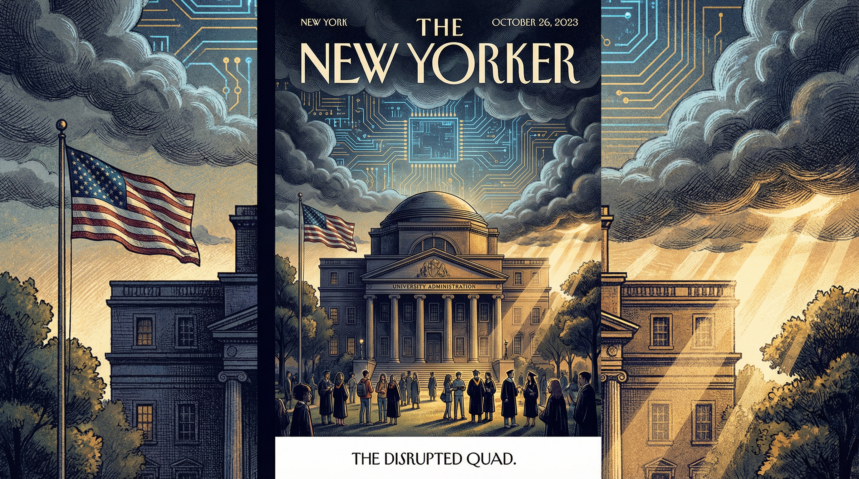 Editorial illustration of a university campus at a crossroads, storm clouds and digital patterns fracturing the sky above neoclassical buildings
