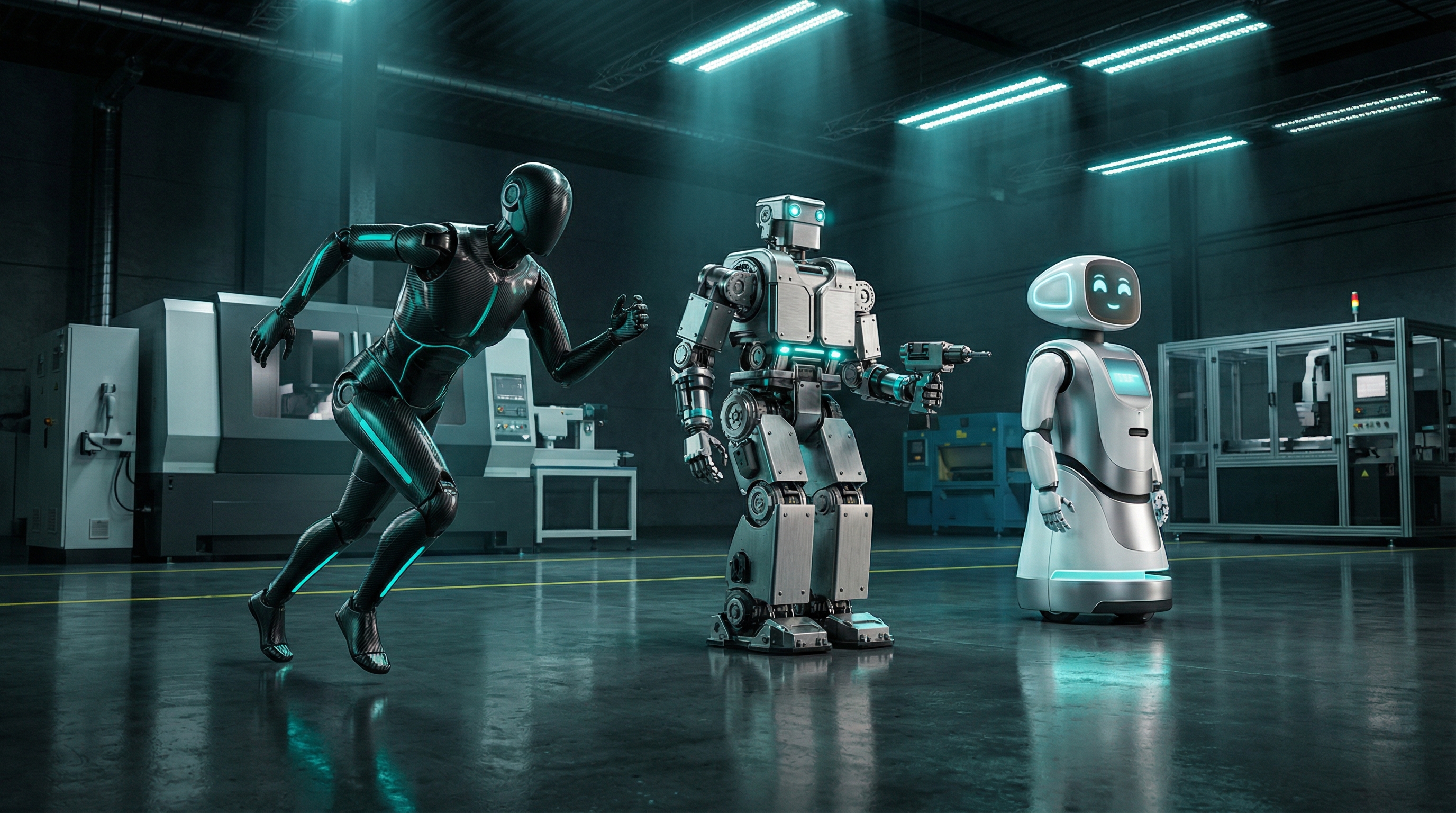 Humanoid robots working in a modern factory with teal accent lighting