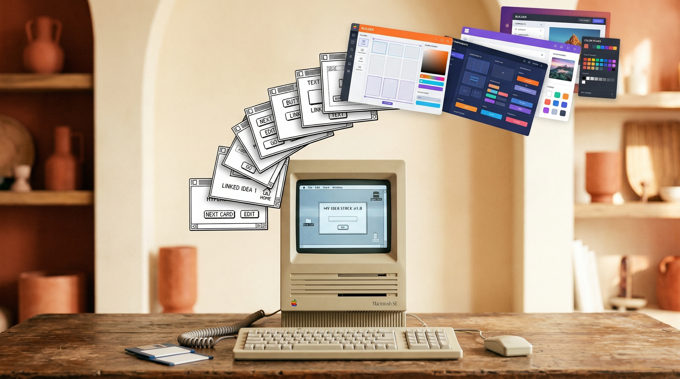 A vintage Macintosh with HyperCard stacks cascading from its screen, transforming from 1-bit pixel art into modern colorful interfaces
