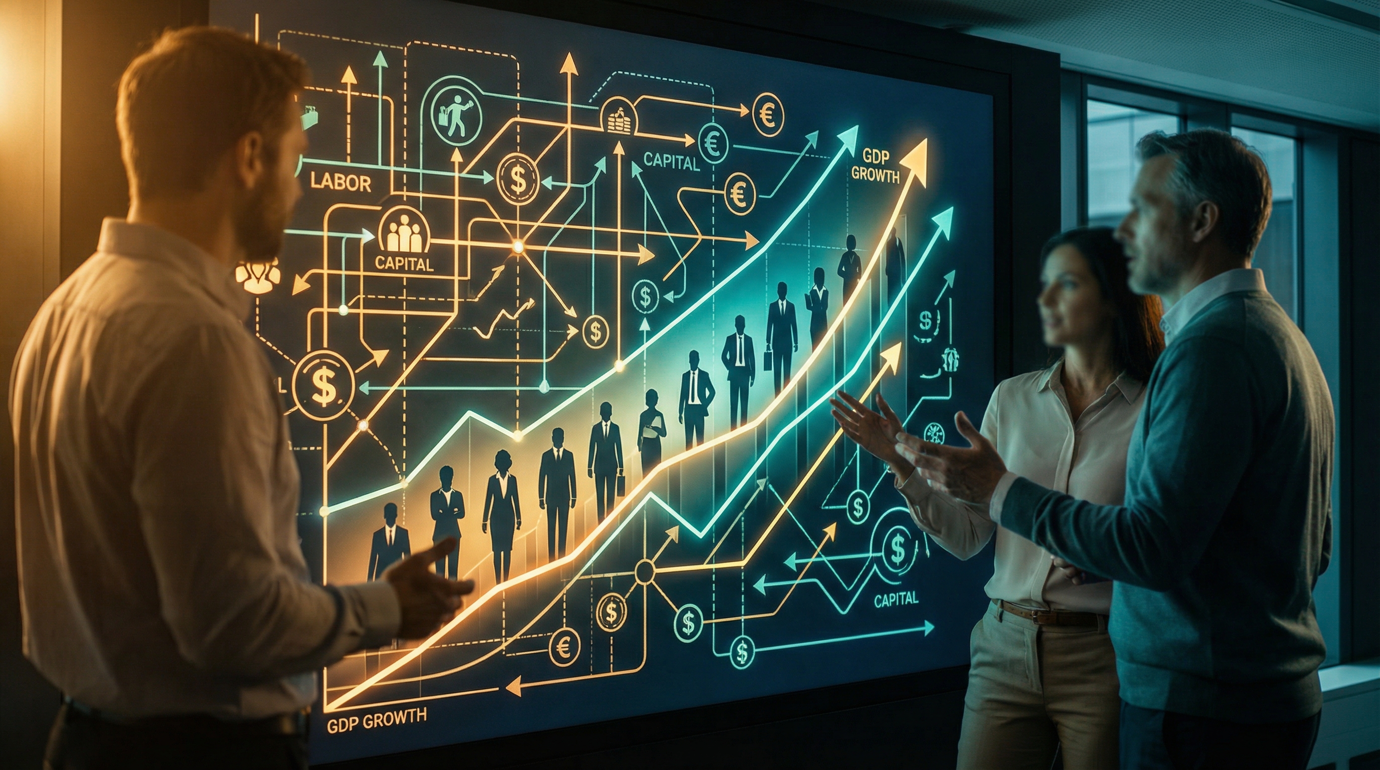 Abstract visualization of labor flows and GDP growth curves