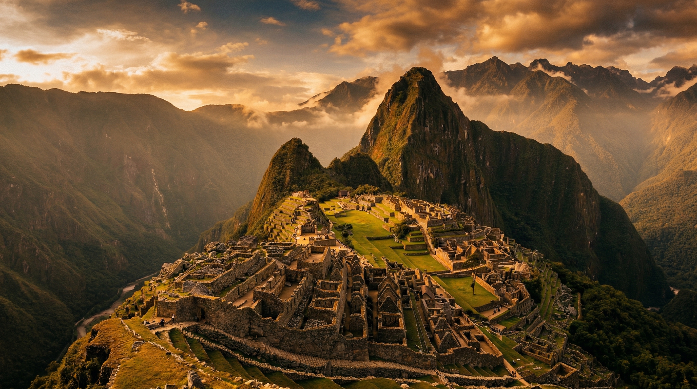 Machu Picchu at golden hour with dramatic Andean peaks rising through clouds behind the ancient stone terraces