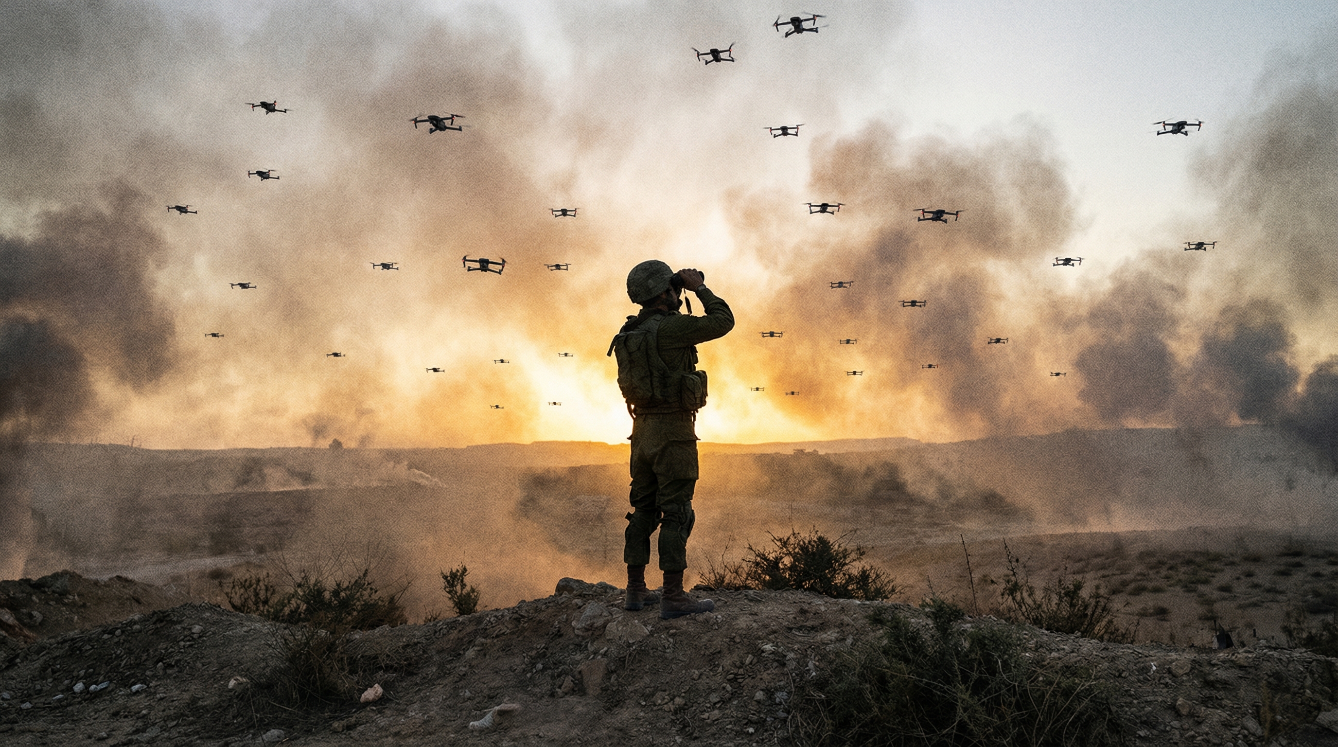 A solitary infantry soldier silhouetted against a dawn sky swarming with combat drones