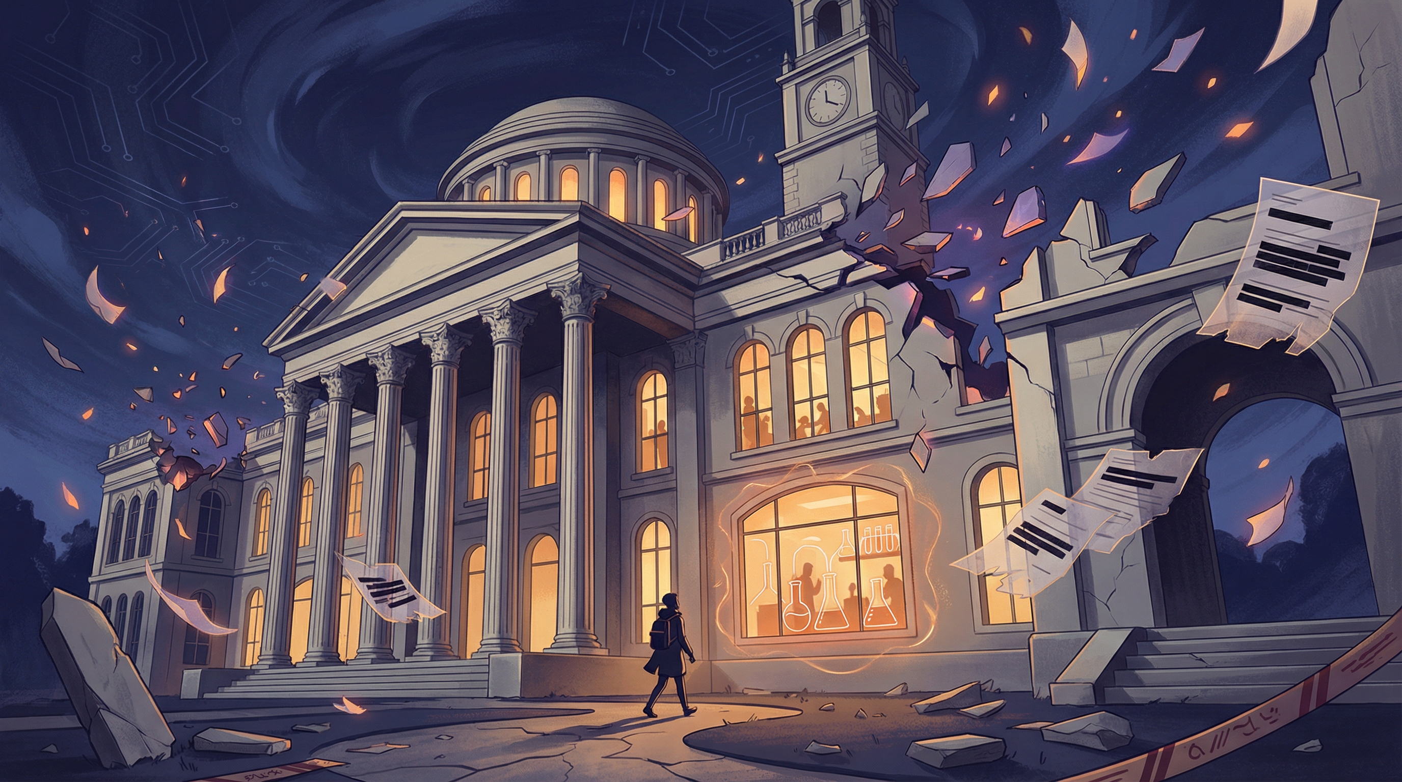 Editorial illustration of a university building with sections fragmenting into geometric shards drifting upward