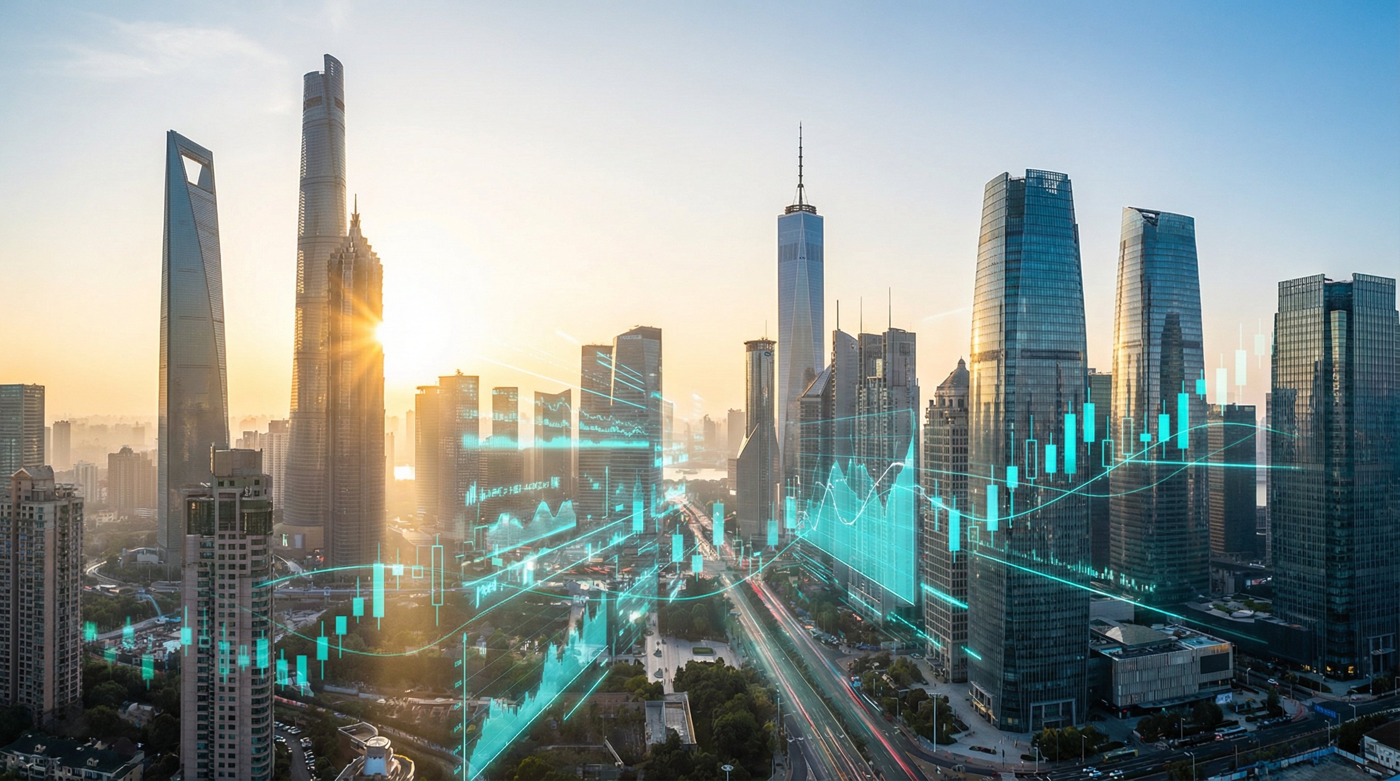 Financial district skyline at dawn with holographic data streams and candlestick patterns in teal cyan