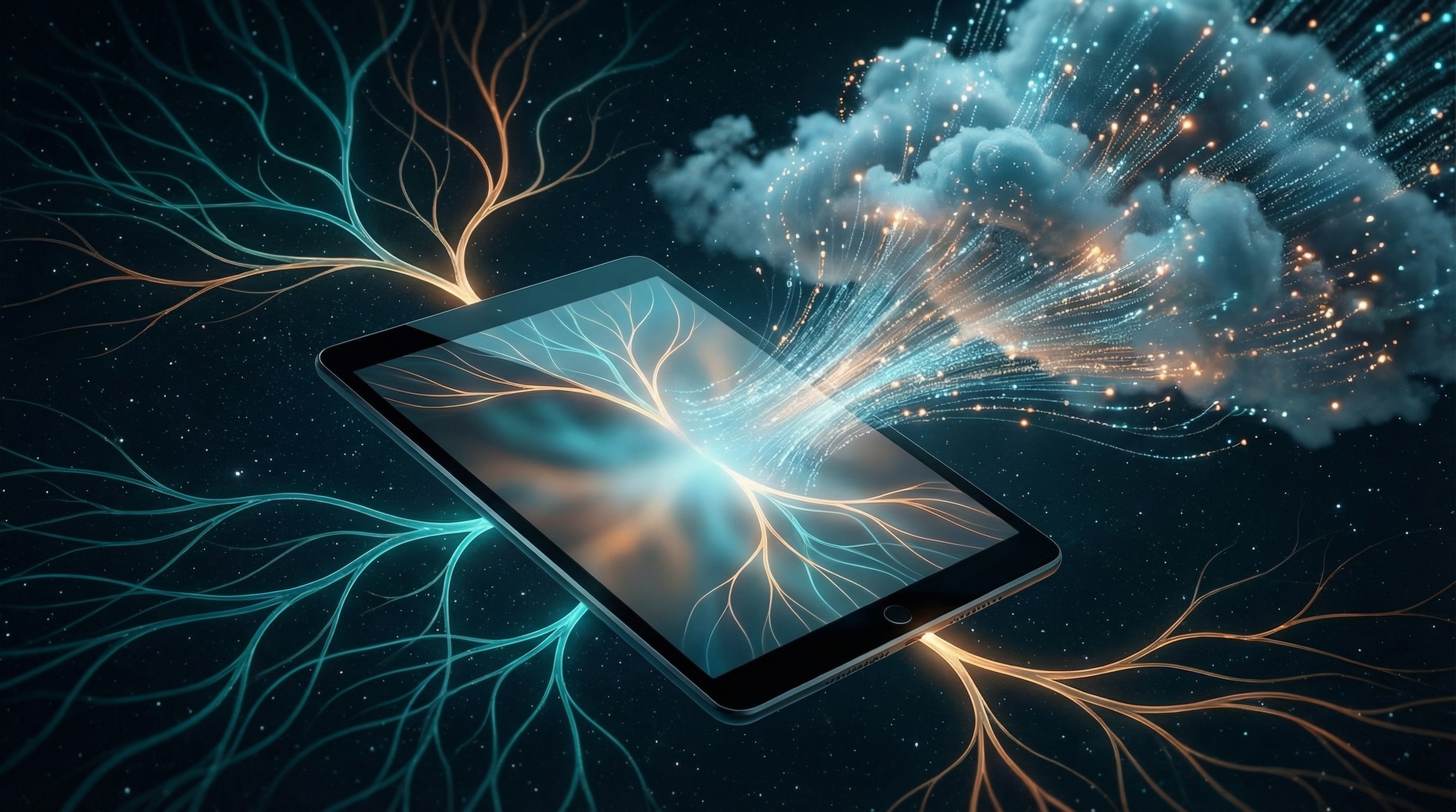 An iPad floating in space with luminous neural pathways radiating from its surface, cloud infrastructure dissolving into particles being drawn into the device