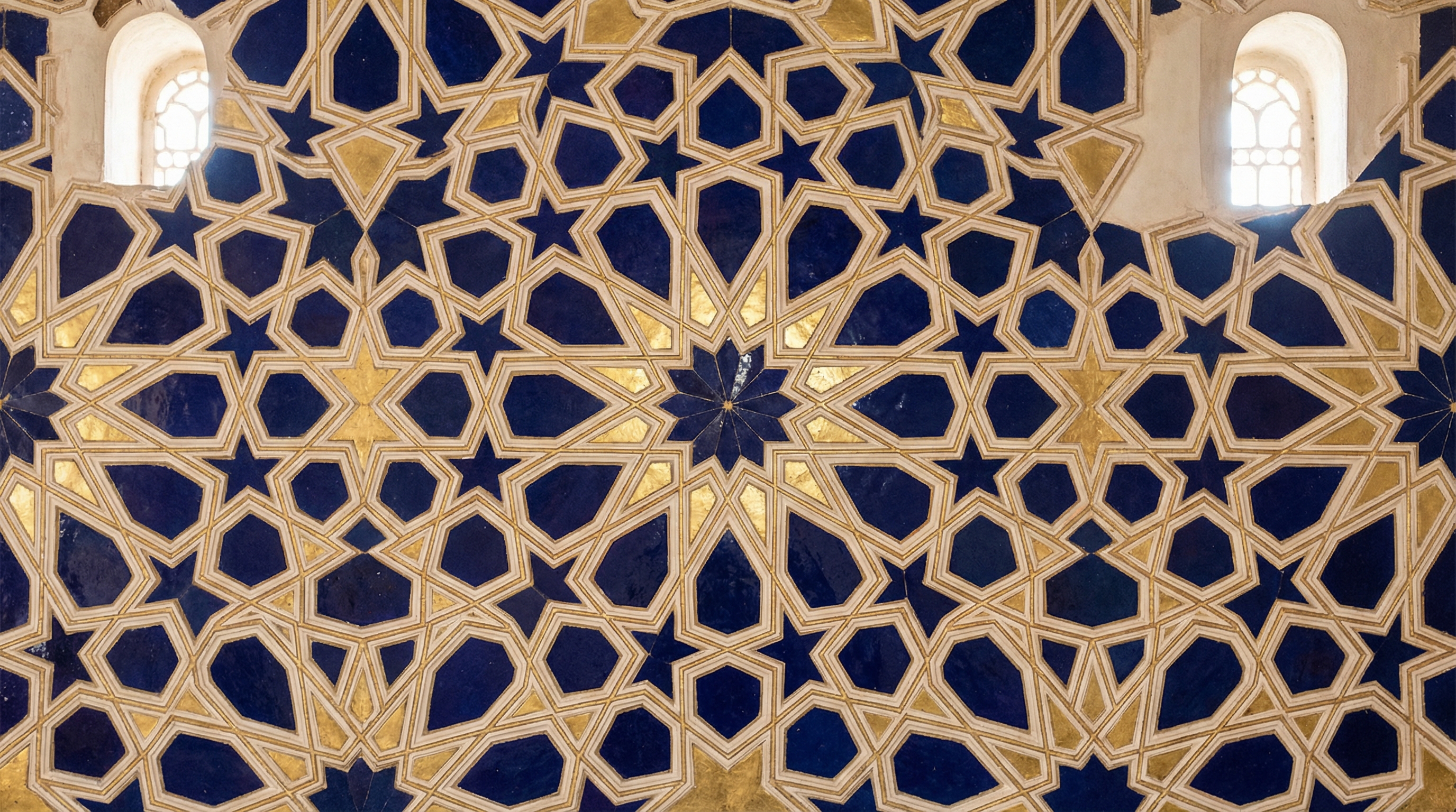 Intricate Islamic geometric star pattern with interlocking decagons and pentagons in indigo and gold