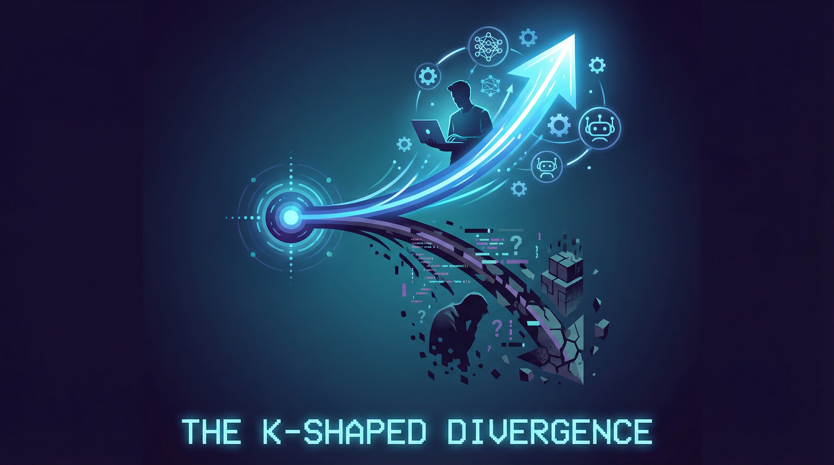 Abstract visualization of the K-shaped divergence in software engineering, showing two trajectories—one ascending with AI augmentation, one descending with displacement