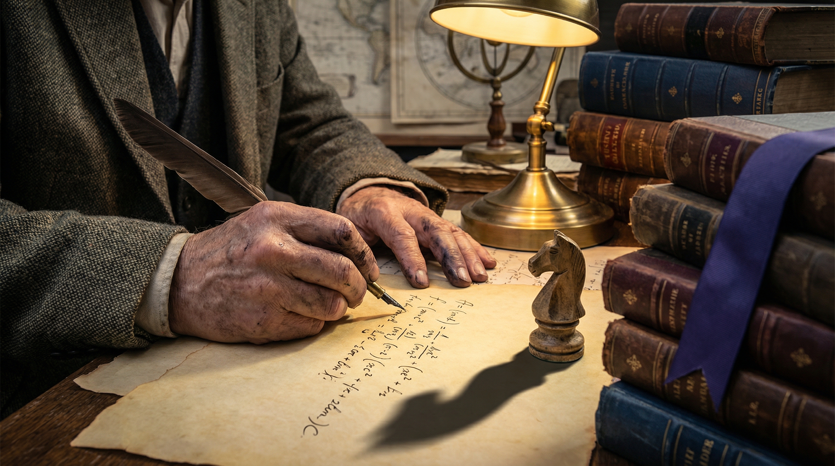 Scholarly hands writing mathematical formulas by lamplight, surrounded by towering volumes and a chess knight's shadow