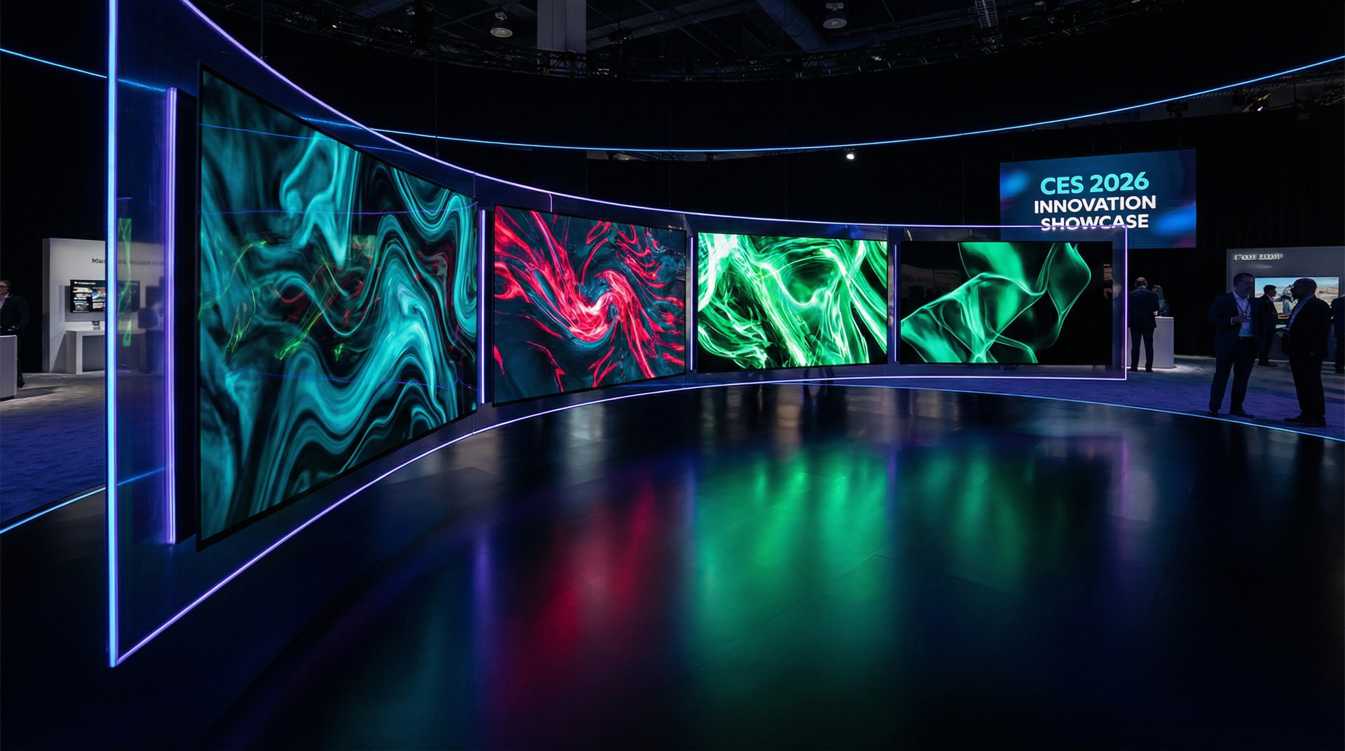 Massive premium televisions displayed in a sleek showroom, screens glowing with vivid colors against dark reflective floors