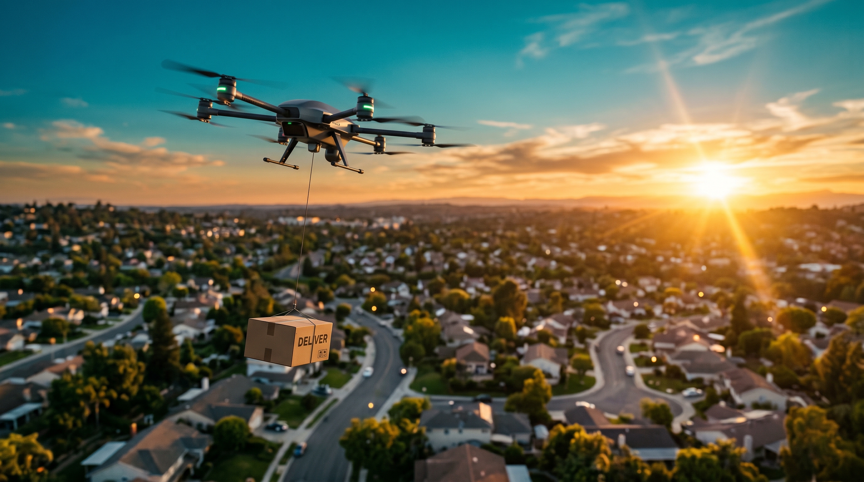 A delivery drone descending through golden hour light toward a suburban neighborhood, package suspended on a tether line
