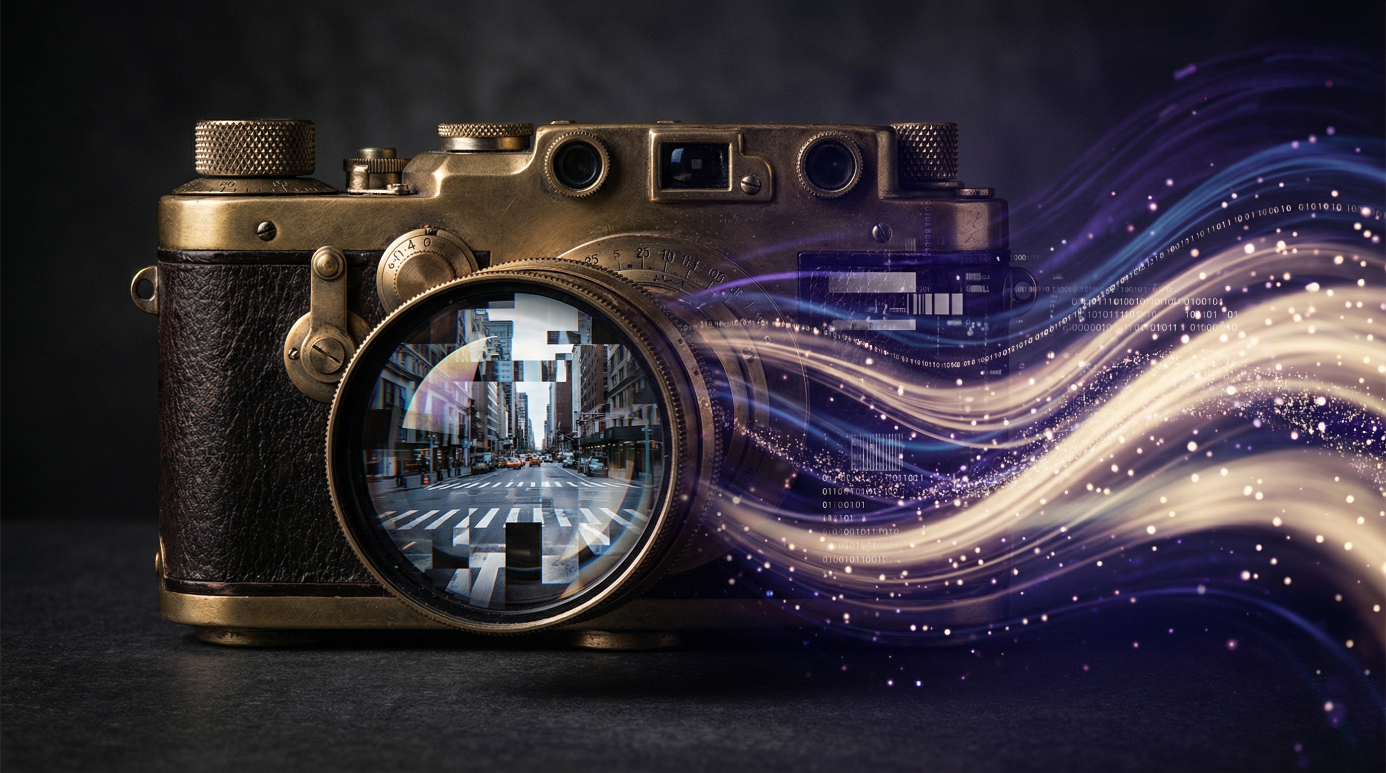 A vintage film camera dissolving into streams of luminous digital particles, half analog precision and half flowing data