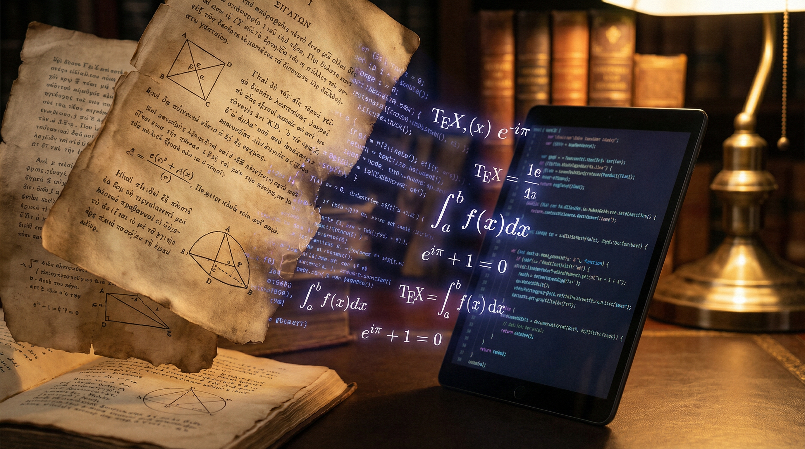 Ancient mathematical manuscripts transforming into digital code, with glowing indigo mathematical symbols bridging parchment and screen