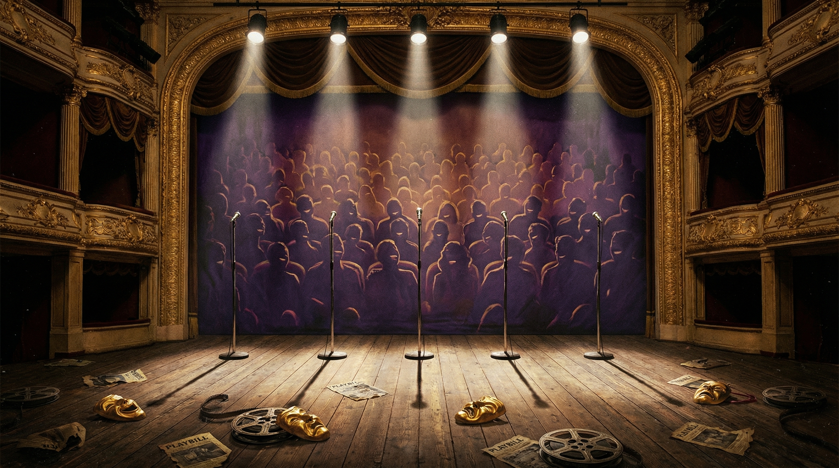 Five spotlights on an empty stage with comedy masks and vintage film reels