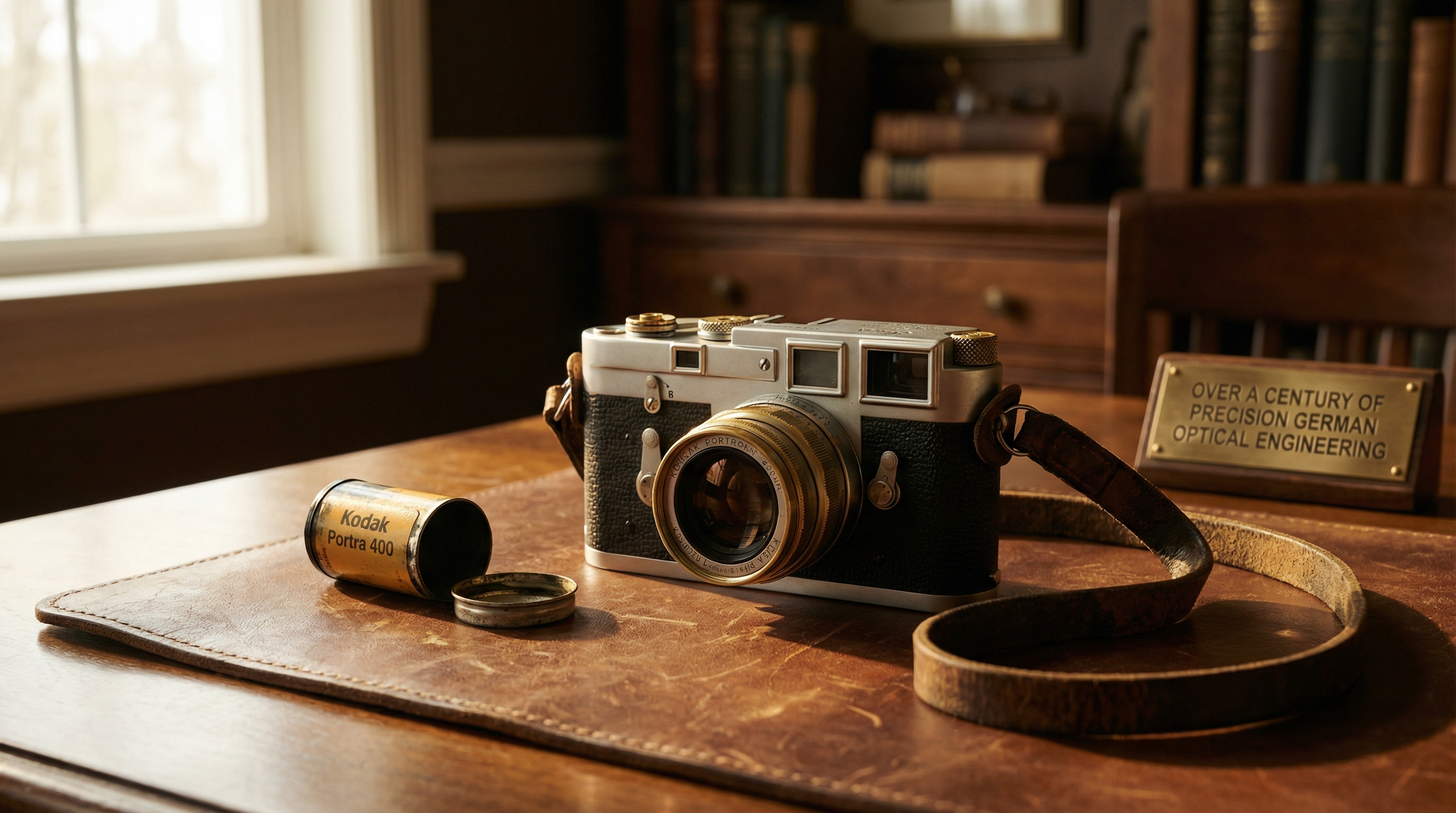 Vintage Leica M3 rangefinder camera on worn leather, bathed in warm morning light