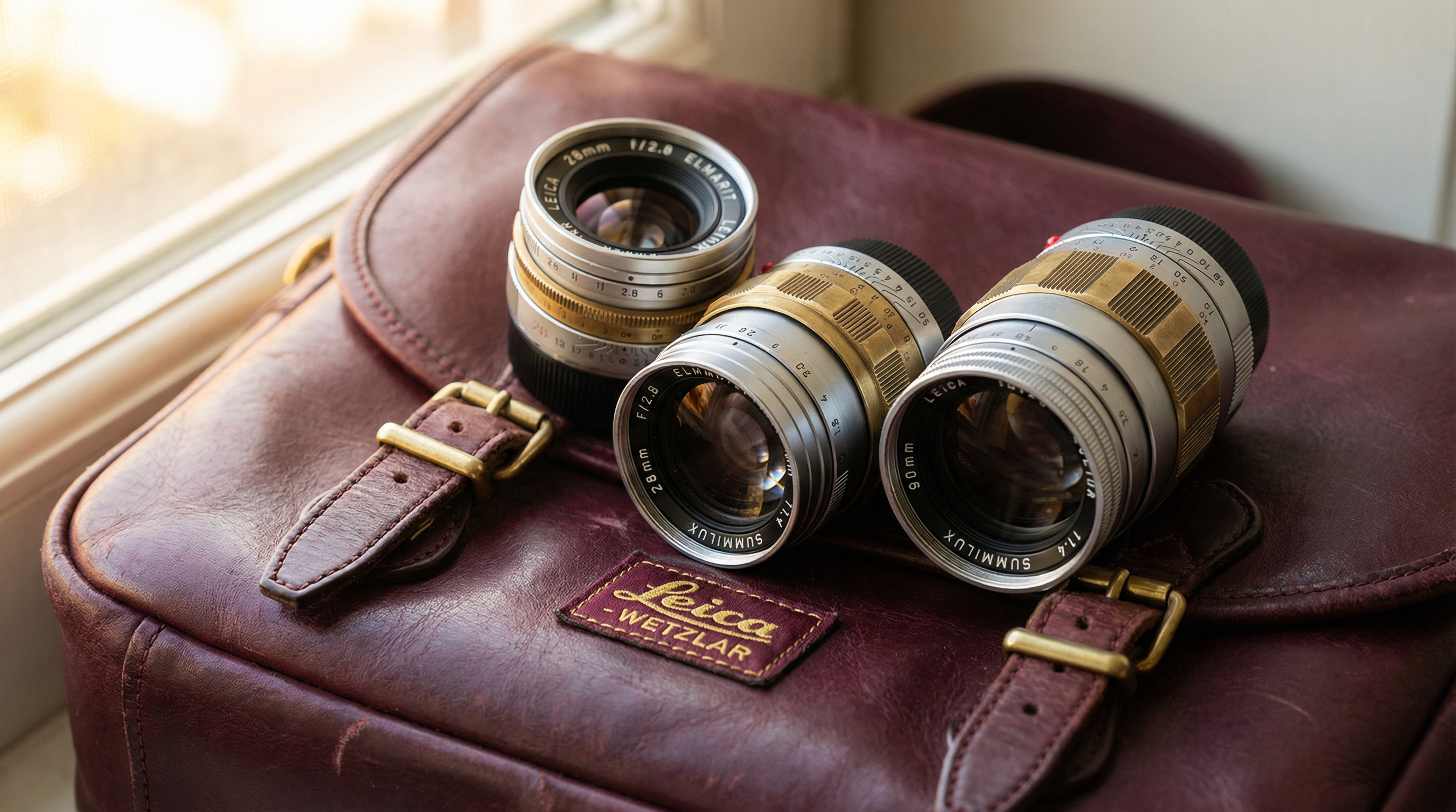 Three Leica M-mount lenses arranged on vintage leather