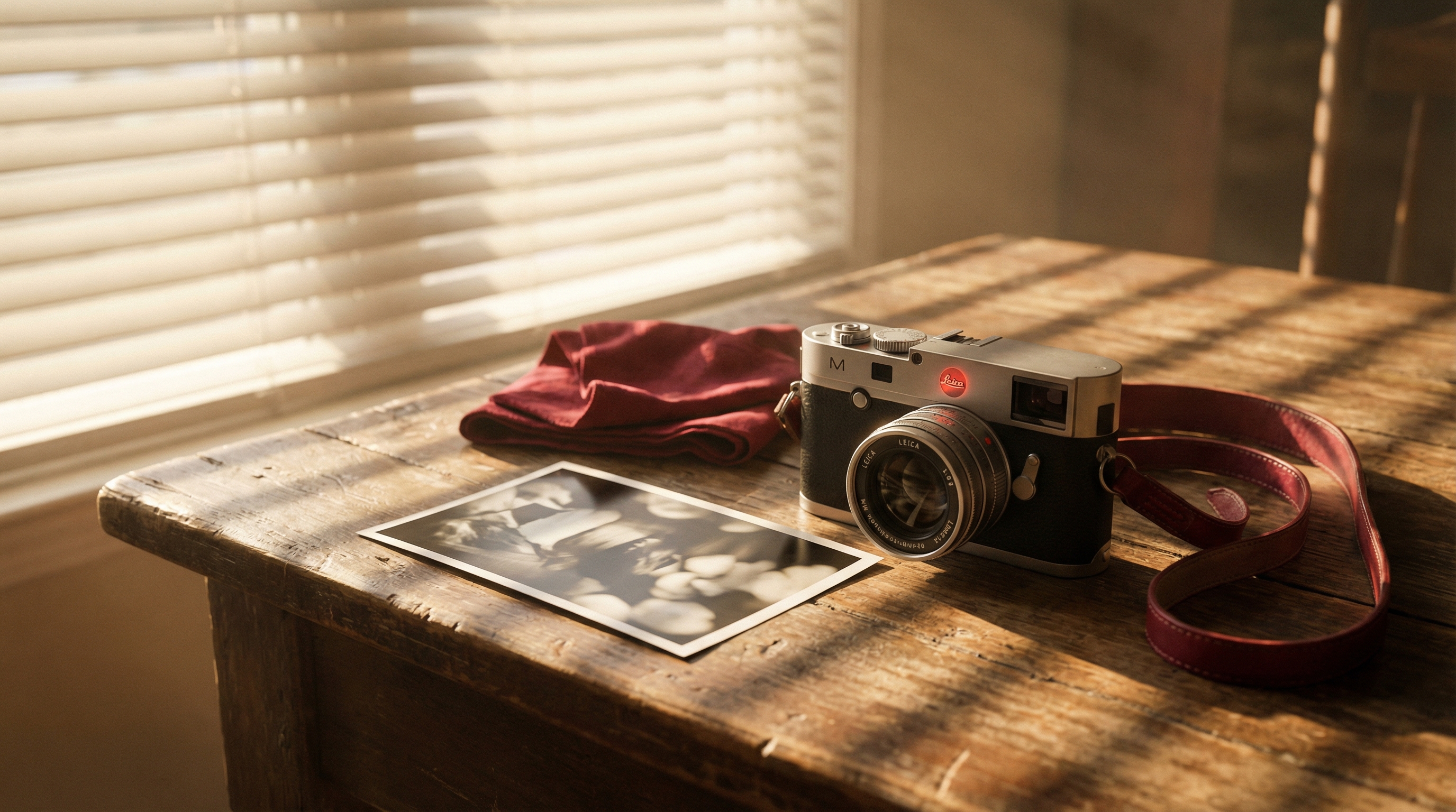 A Leica M camera on a weathered wooden table with afternoon light streaming through venetian blinds