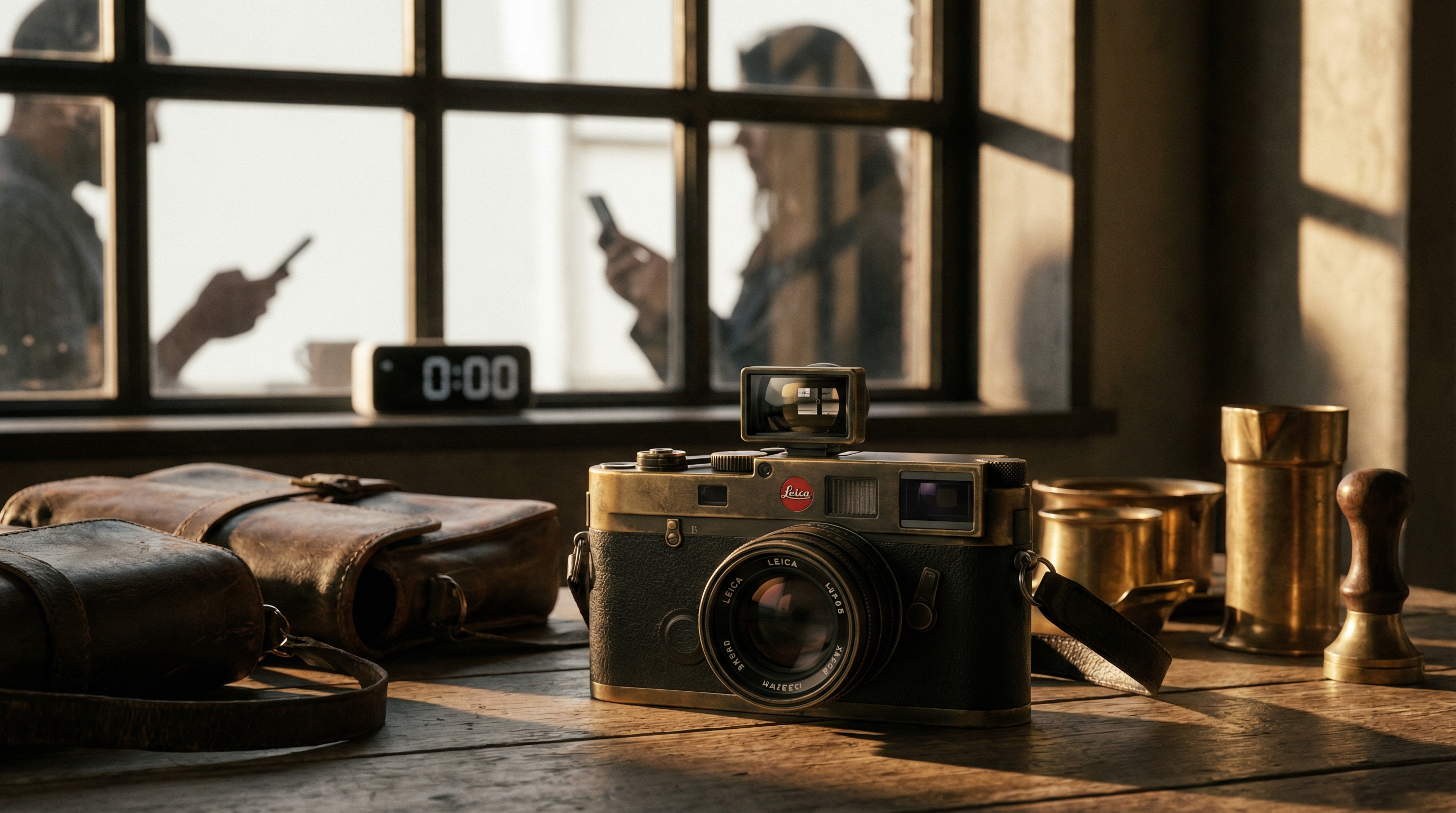 A Leica M camera bathed in morning light, its mechanical elegance contrasting with the blur of the modern world