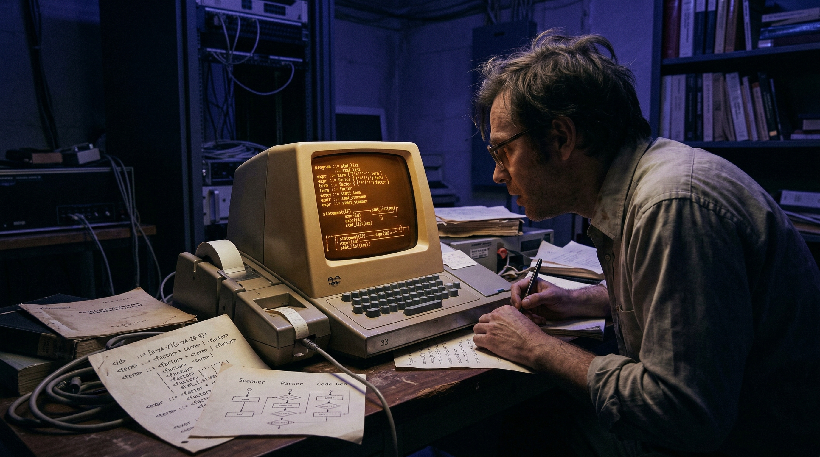 A vintage 1970s Bell Labs Unix terminal glowing with amber parser grammar rules and syntax trees, surrounded by scattered printouts of BNF notation