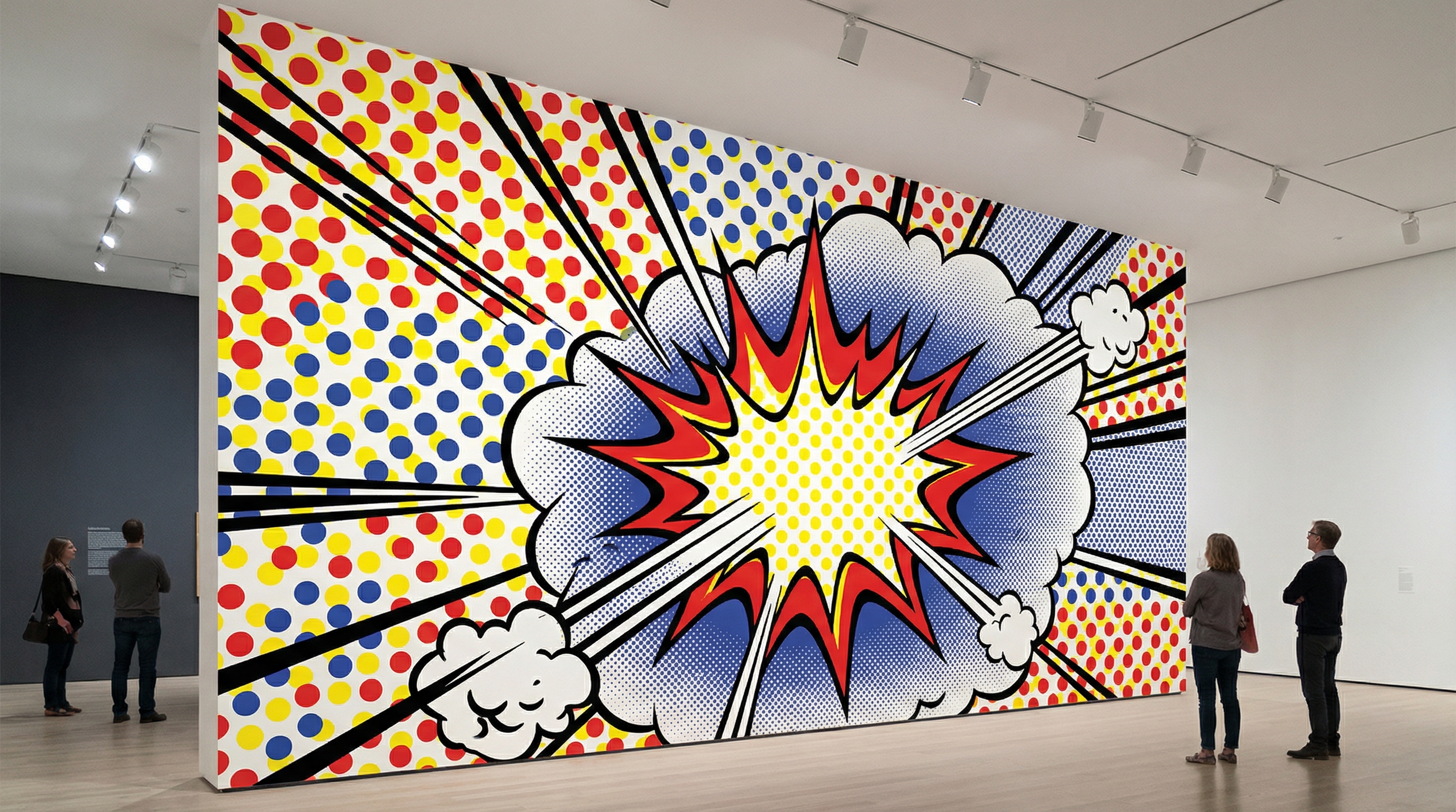 Massive Lichtenstein-style pop art explosion mural in museum gallery, with visitors dwarfed by bold Ben-Day dots in primary red, yellow, and blue