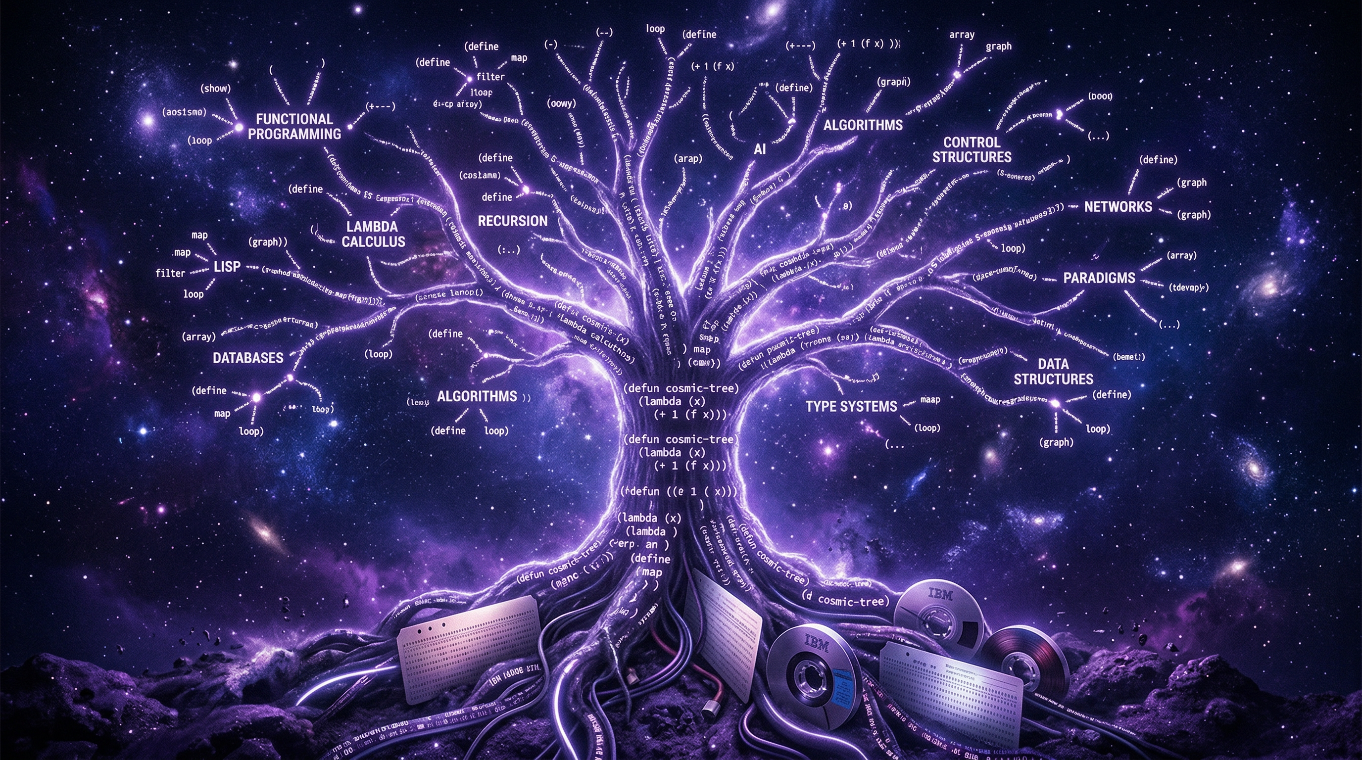A cosmic tree of luminous parentheses branching into a constellation of programming concepts, representing Lisp's enduring influence on all of computing