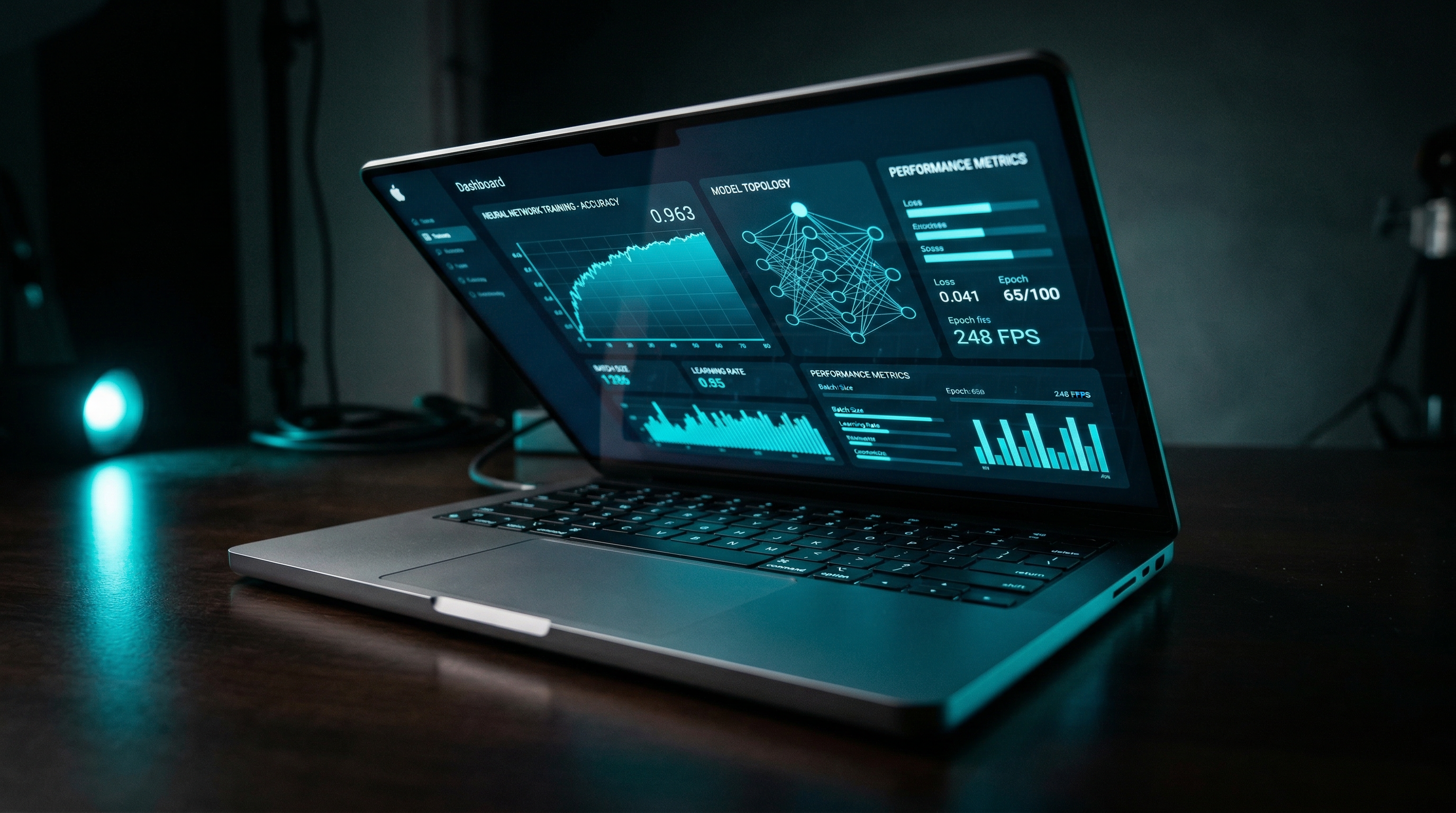 MacBook Pro M5 Max with performance benchmark visualizations glowing on screen in teal light
