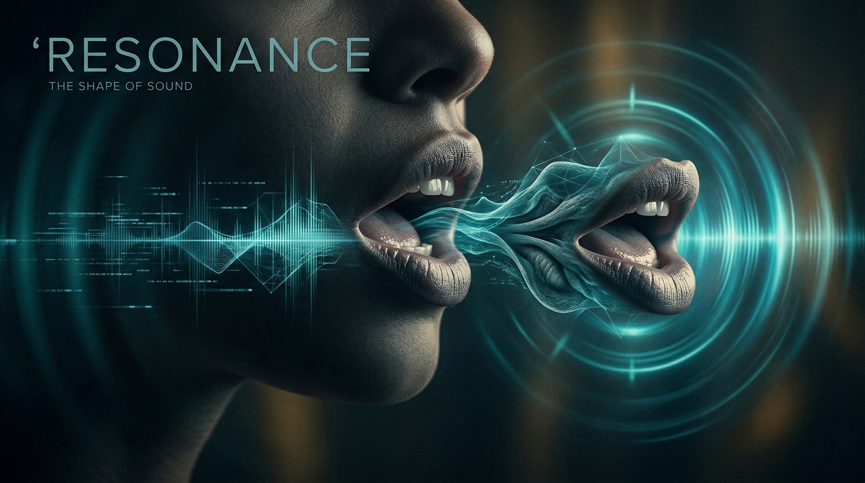 Sound waves transforming into human speech, teal energy pulses radiating outward in a cinematic editorial style