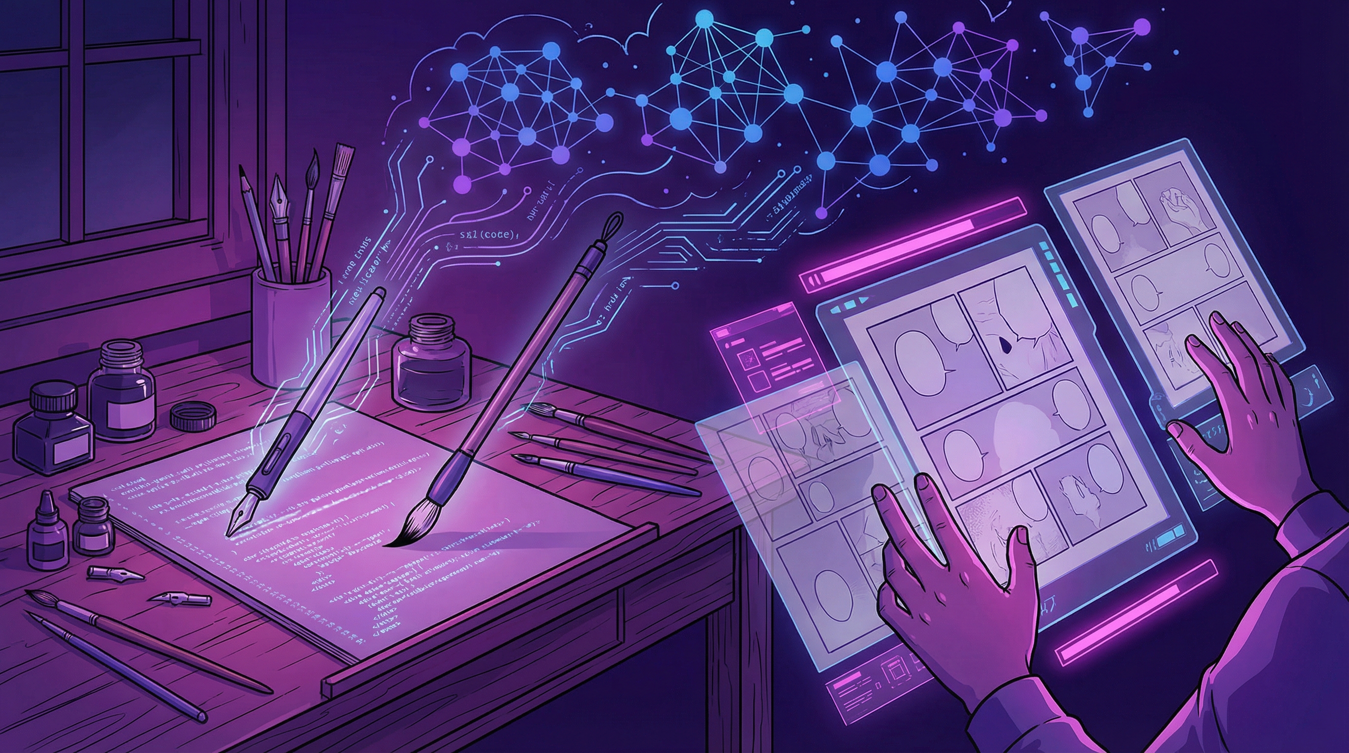 A manga artist's desk where traditional ink brushes transform into streams of glowing digital data