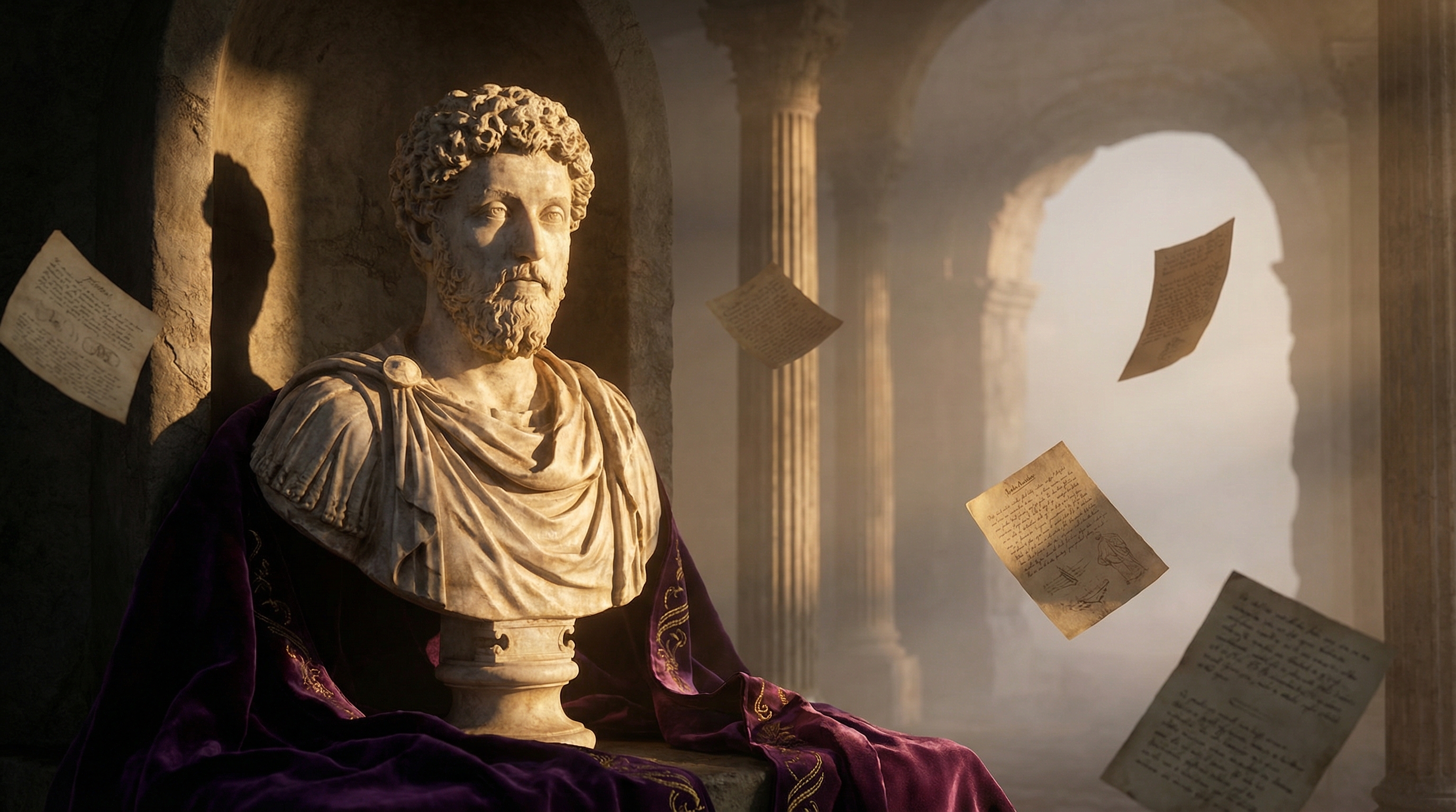 Marble bust of Marcus Aurelius bathed in golden light, Roman columns fading into mist behind scattered philosophical manuscripts