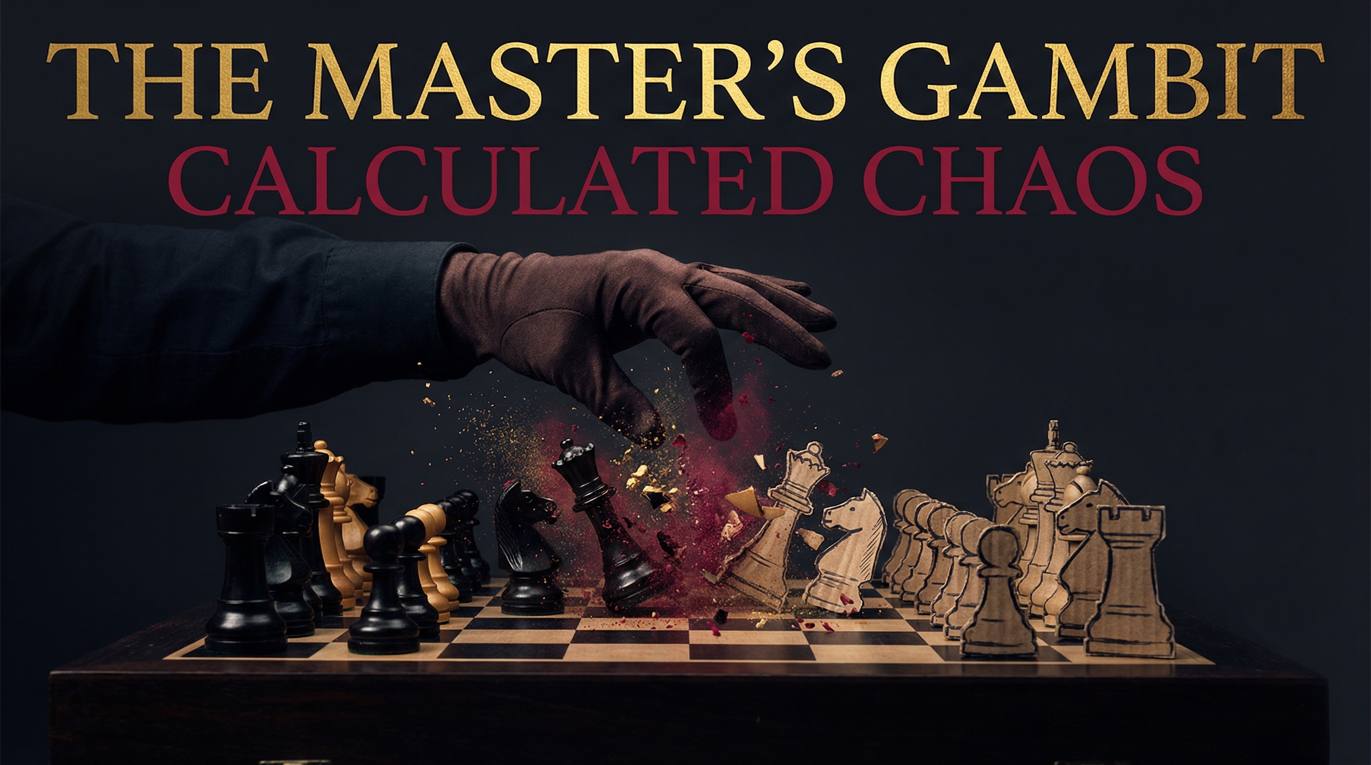 Chess board with pieces in calculated chaos - classical pieces alongside crude cardboard cutouts, some mid-explosion