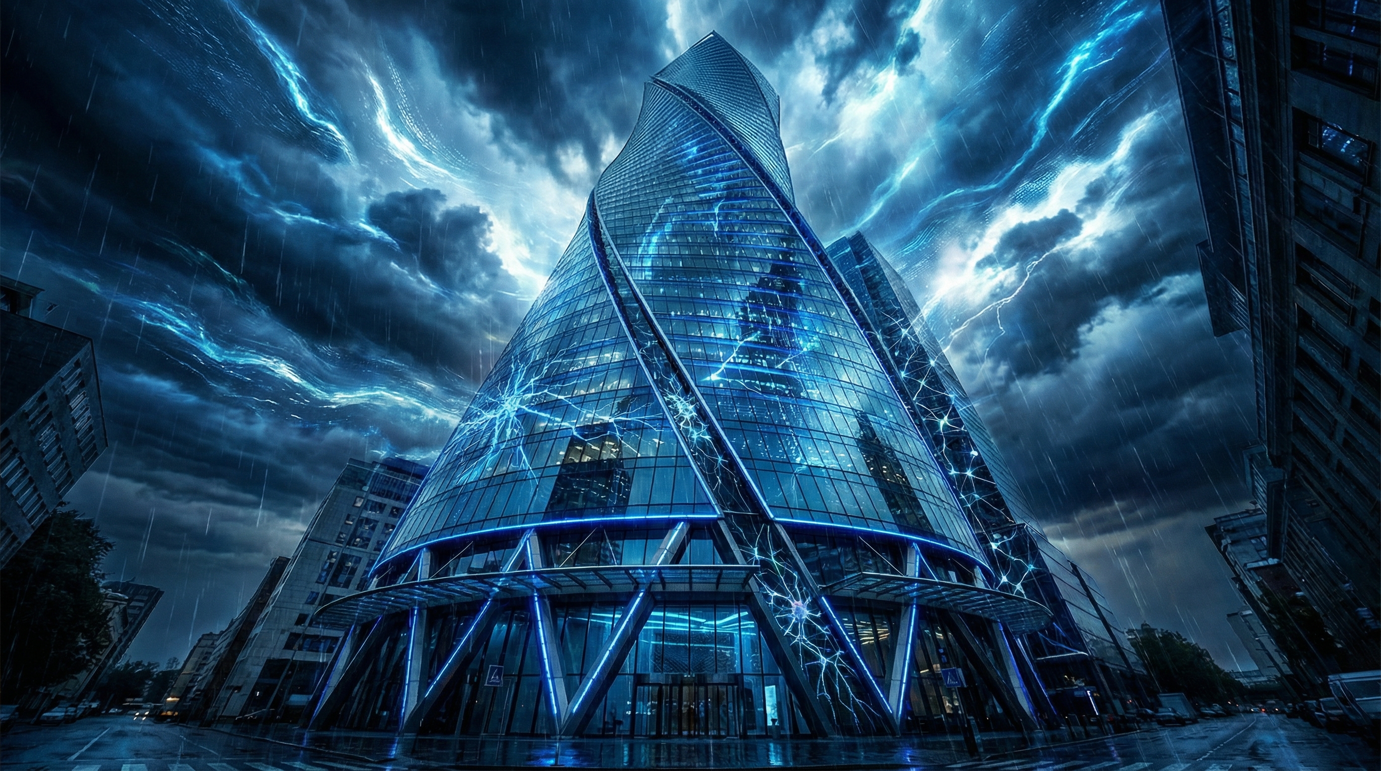 Digital corporate architecture with AI neural patterns flowing through Microsoft's structure