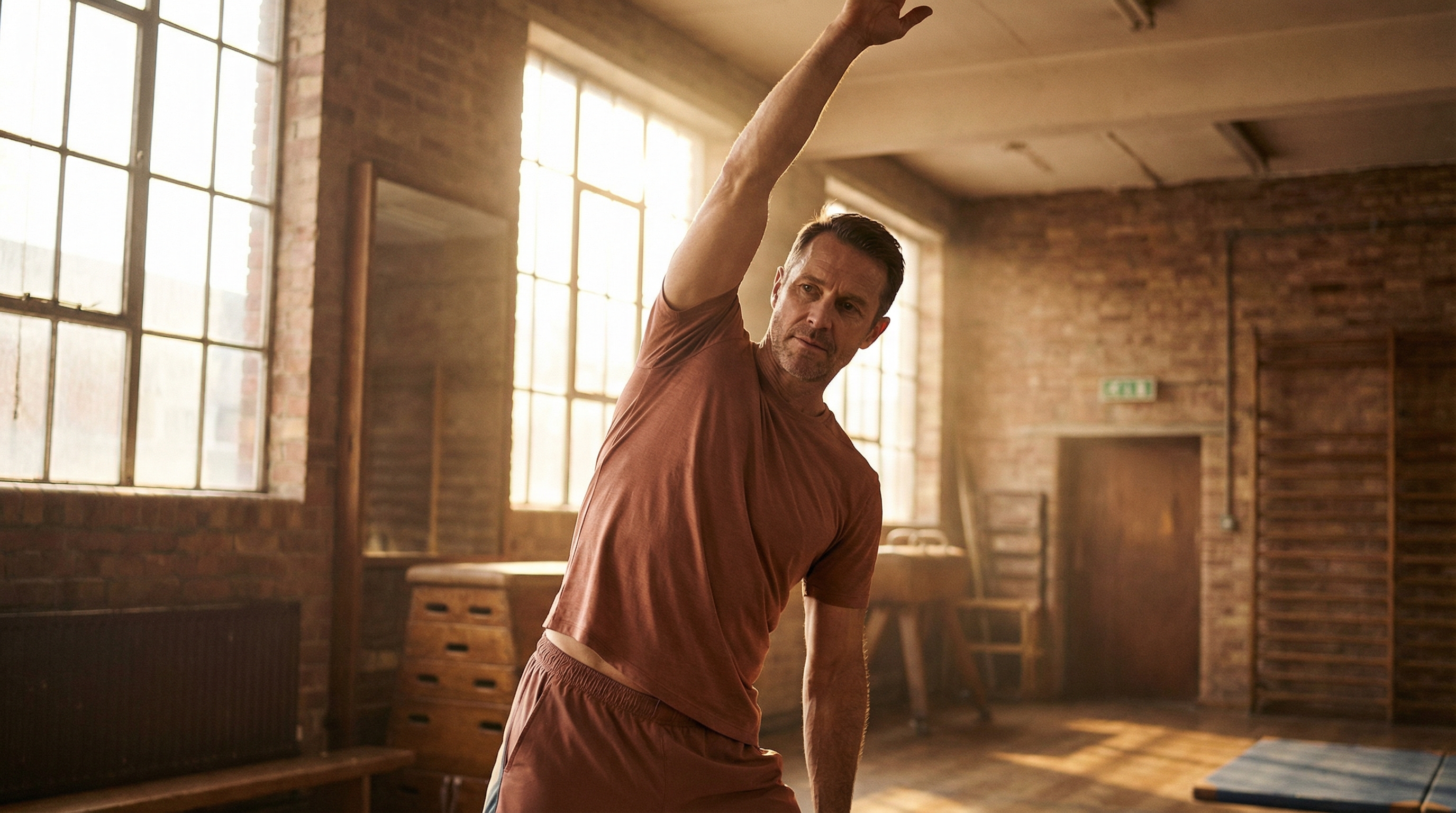 Middle-aged man performing a mindful stretch in golden morning light, demonstrating the intersection of strength and mobility