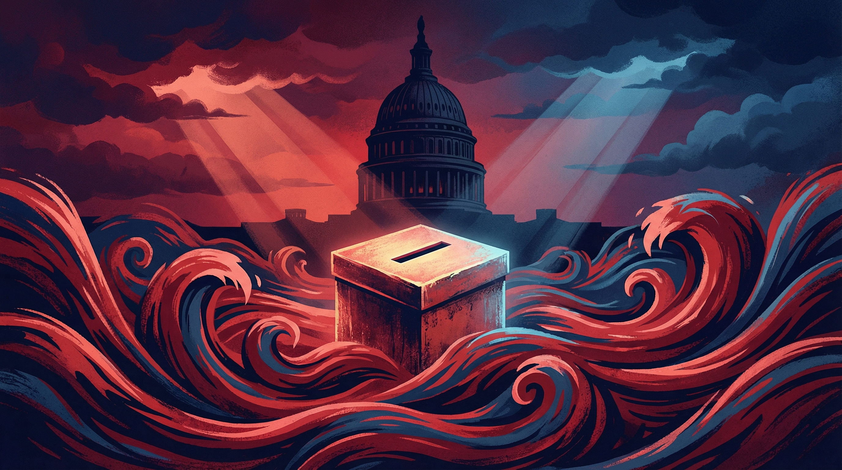 Stylized illustration of American democracy in motion, with red and blue waves colliding around a ballot box