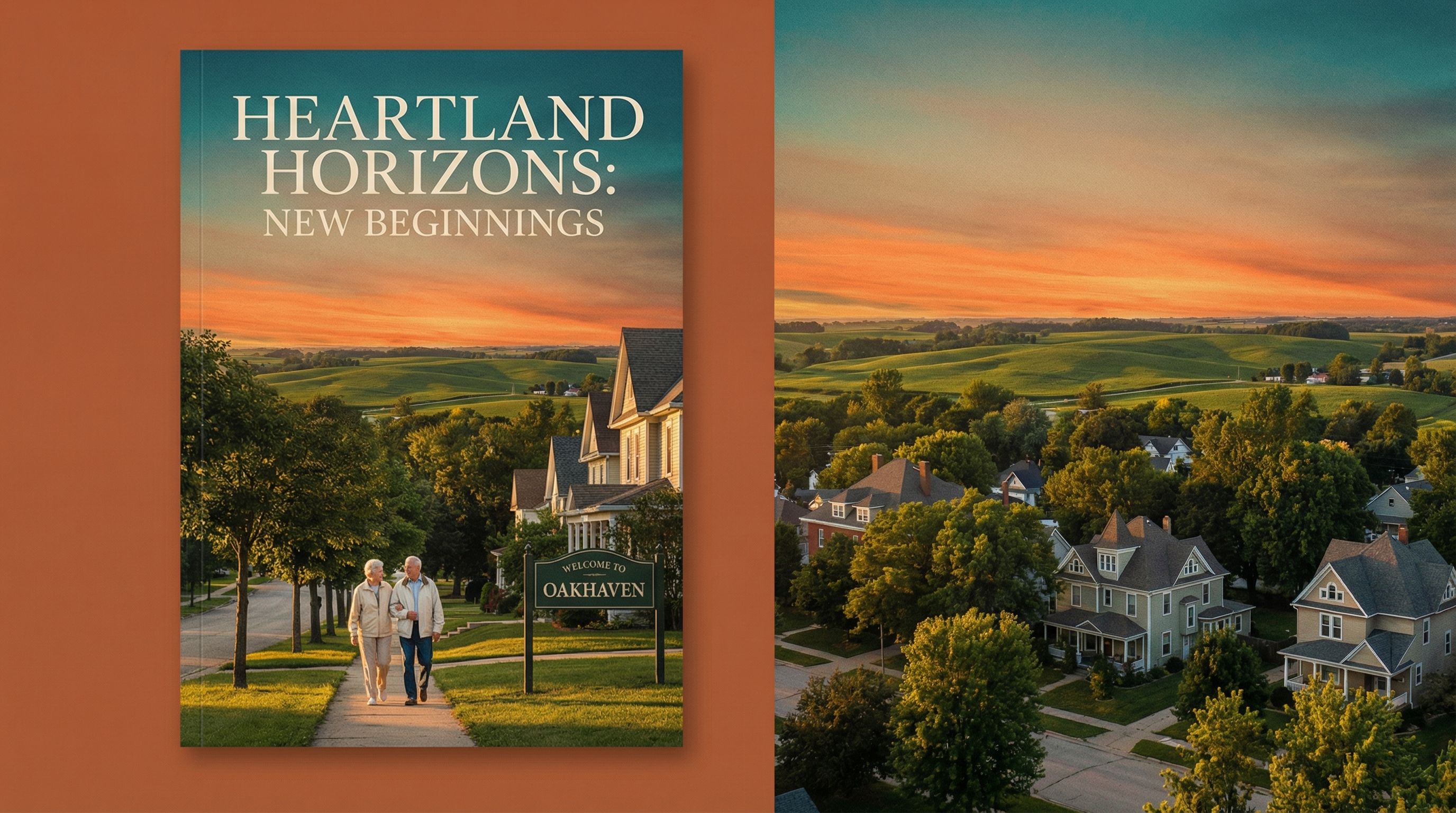 Serene Midwest sunset over charming small town with Victorian homes and tree-lined streets