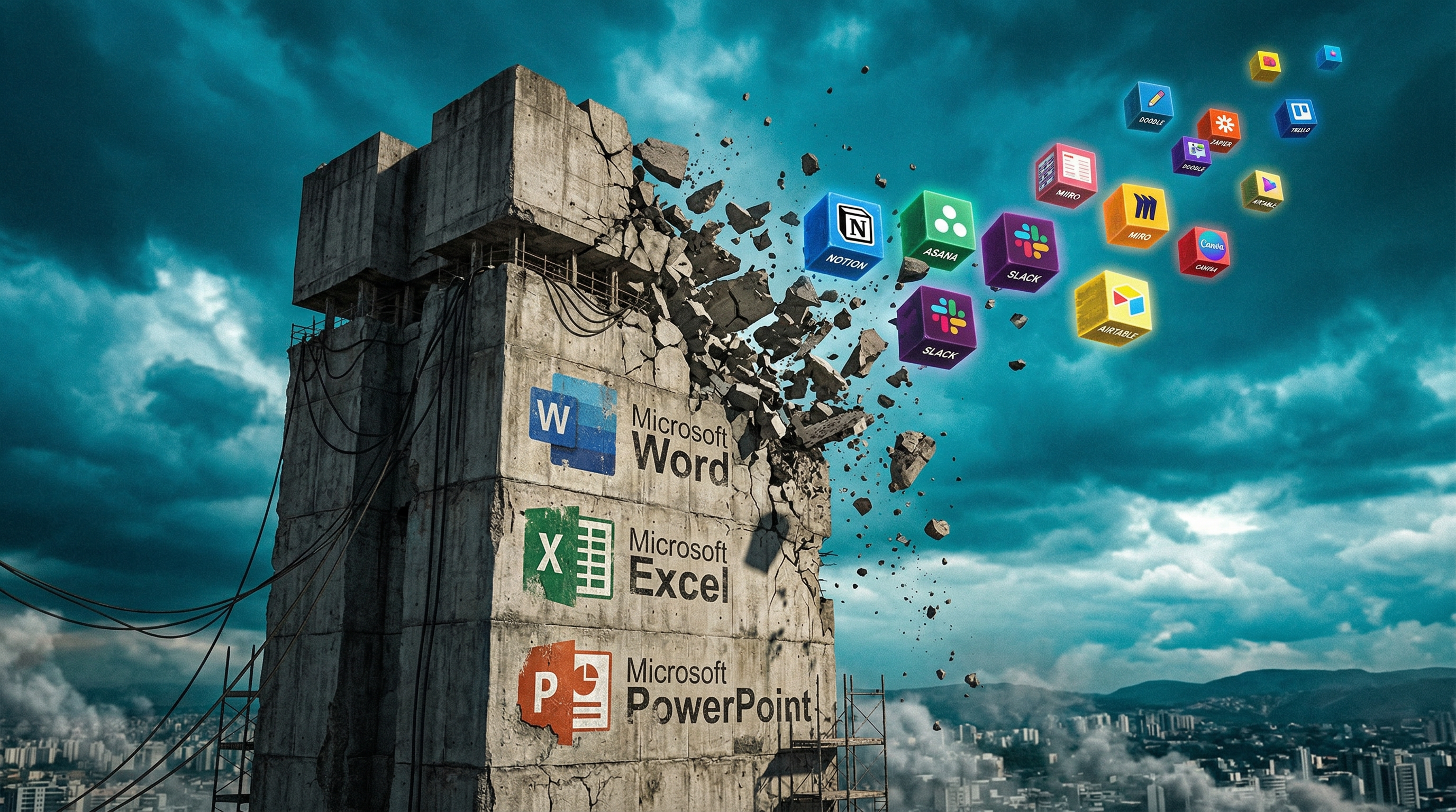 A crumbling monolithic tower of legacy software icons fragmenting into colorful modular blocks, representing the shift from bundled suites to specialized tools