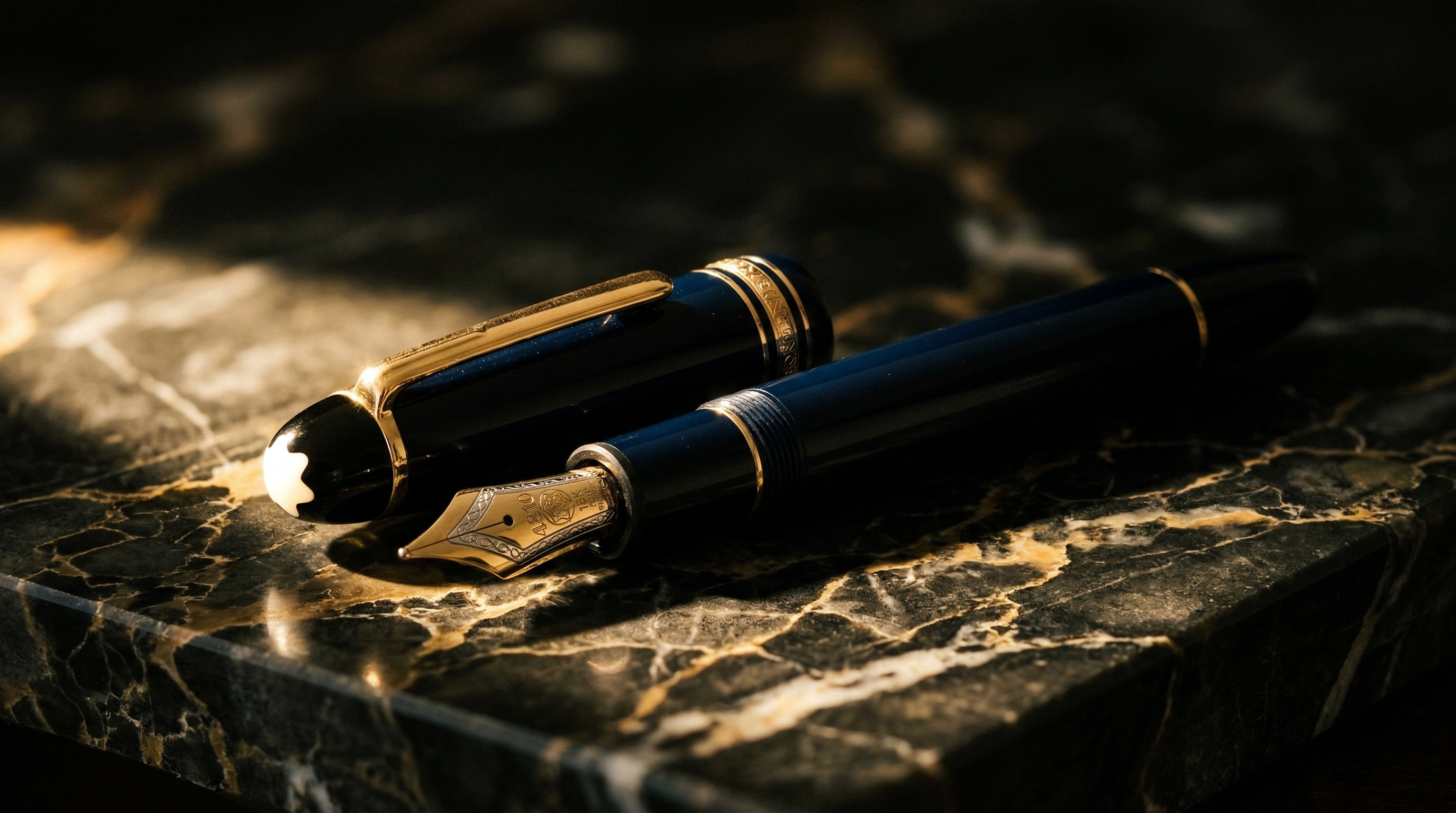A Montblanc fountain pen resting on dark marble, the white star cap emblem catching golden light