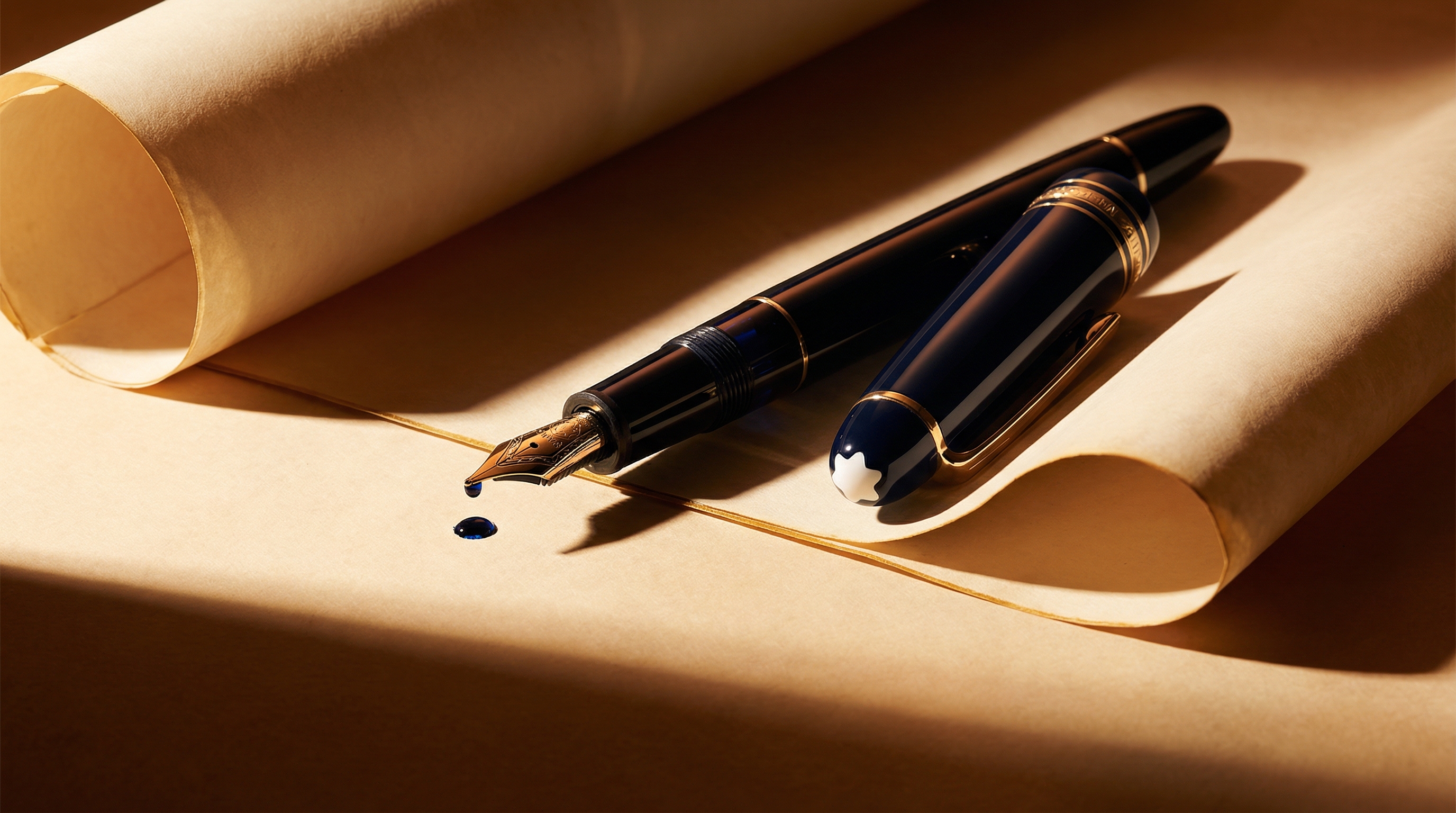 Elegant Montblanc fountain pen with signature white star cap on aged parchment