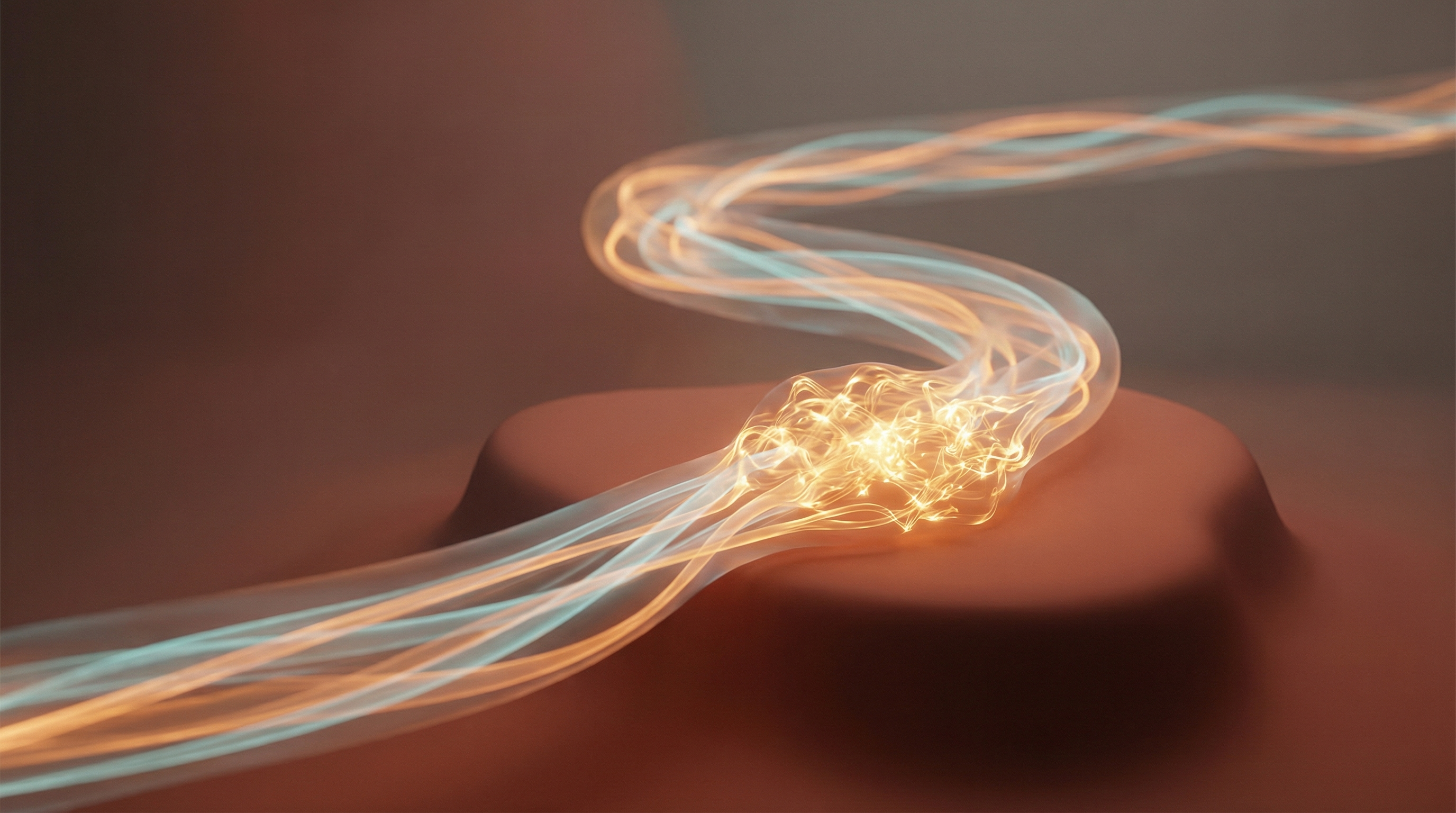 A luminous neural pathway illuminated in warm amber and soft cyan, visualizing the moment before action