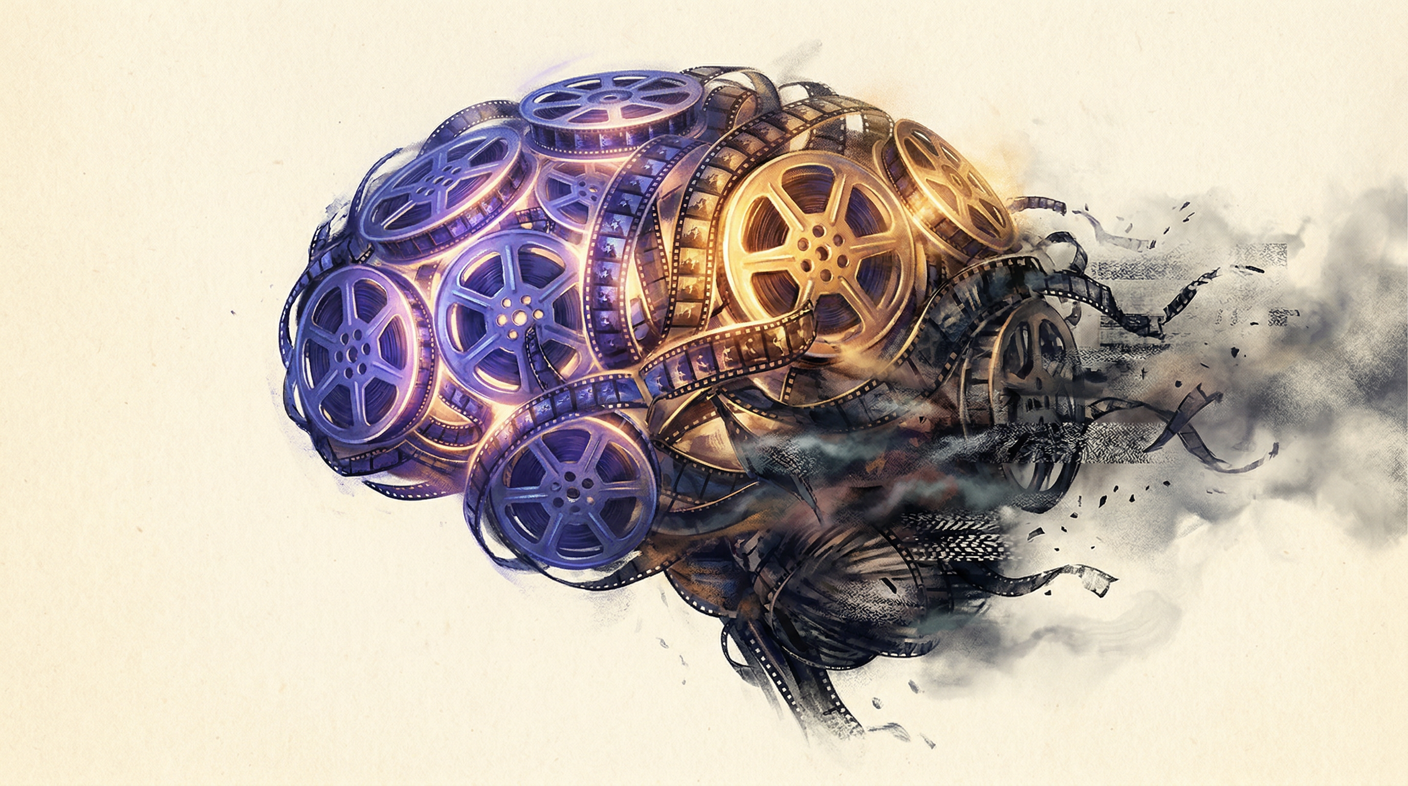 Surreal illustration of a brain made of film reels, some glowing vivid indigo and gold, others unraveling into fog
