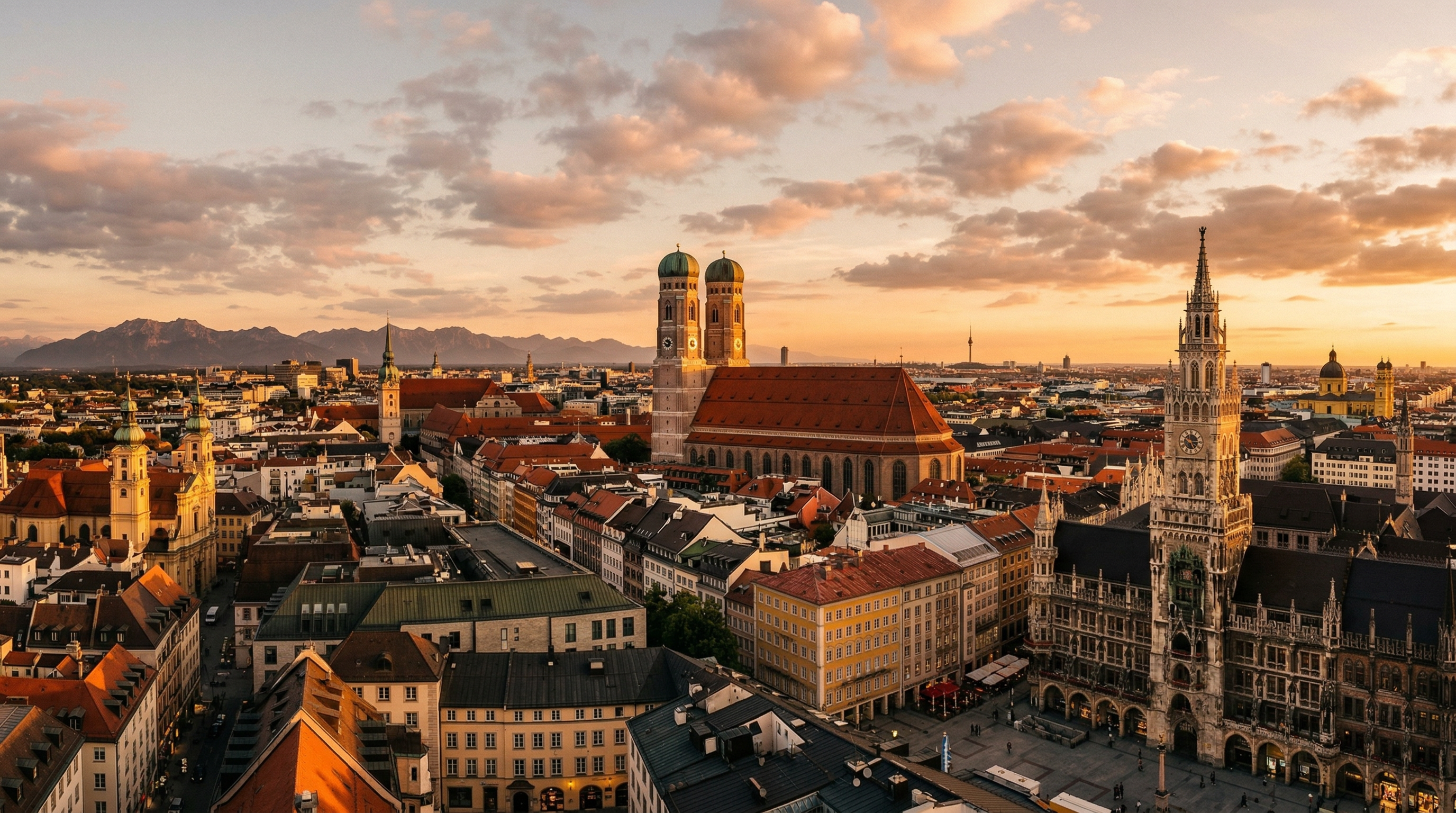 Munich skyline at golden hour with the twin domes of Frauenkirche cathedral rising above terracotta rooftops, Alps visible in the distance