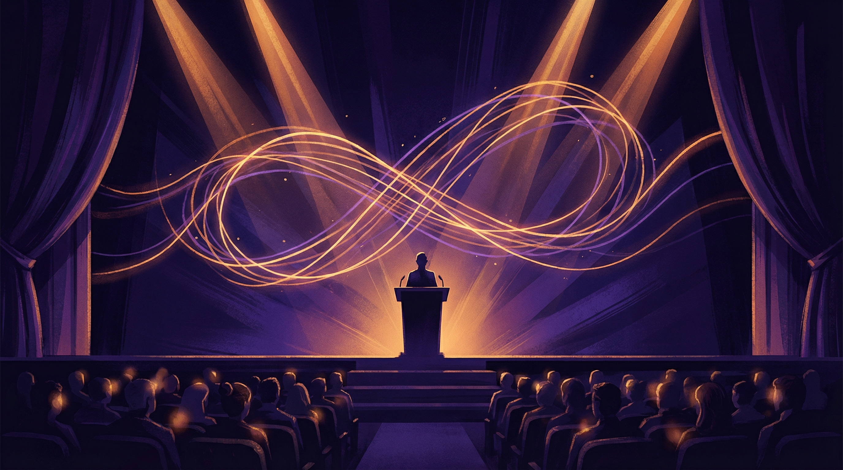 Dramatic stage with storytelling arcs visualized as threads of light weaving through darkness