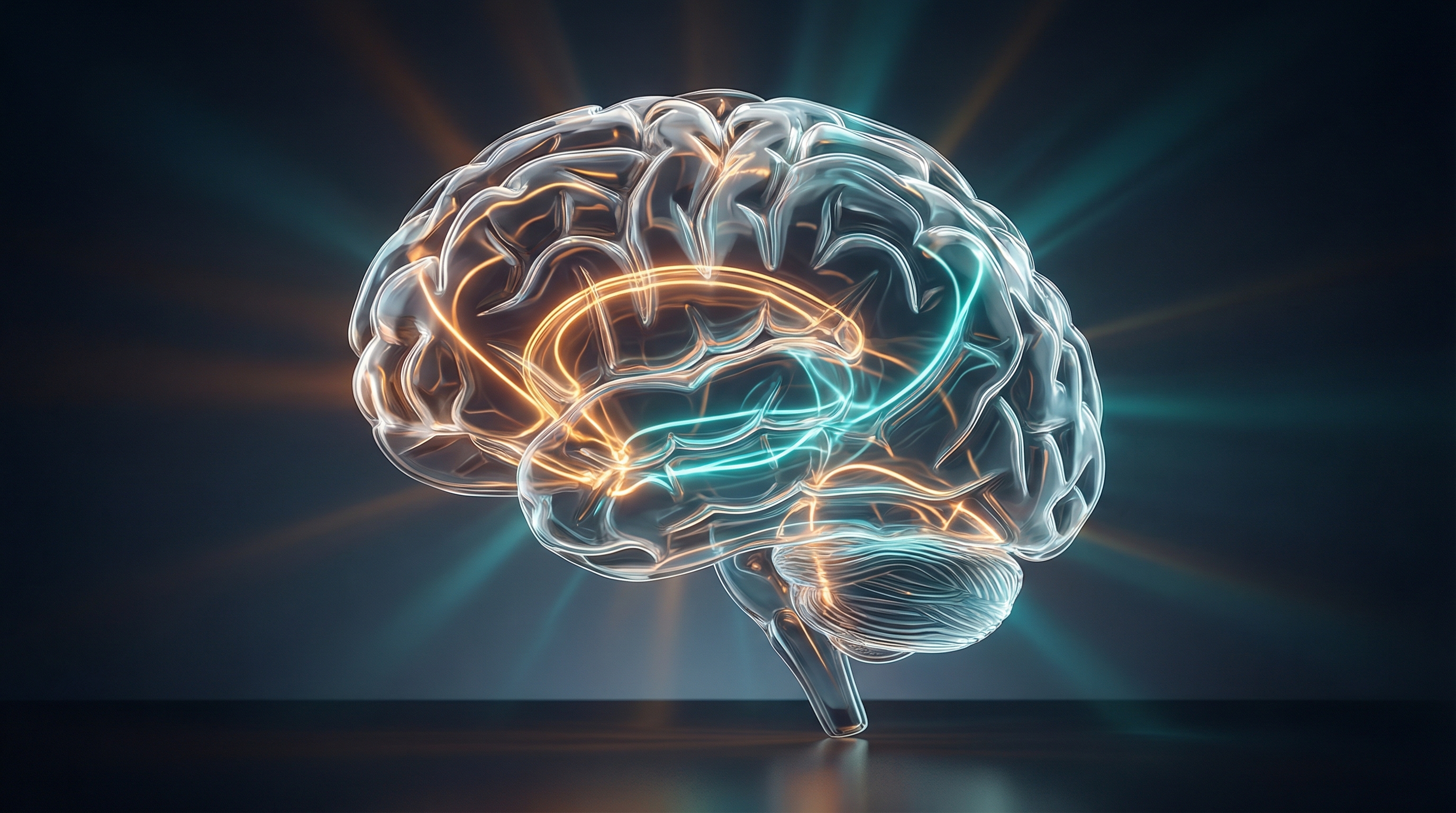 Neural pathways forming narrative structures in a translucent brain visualization