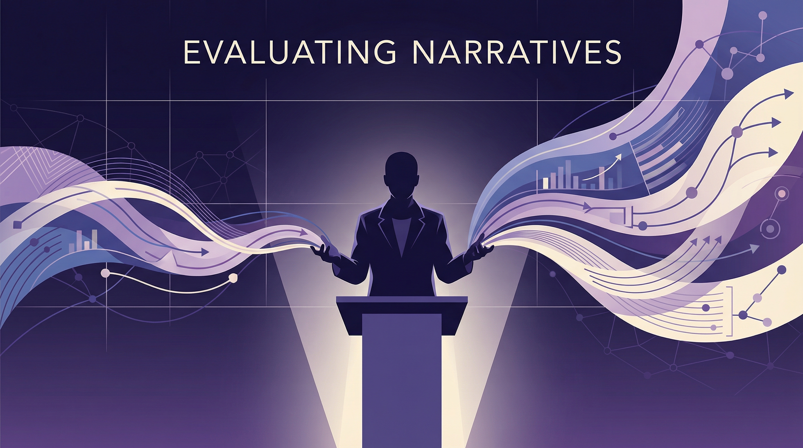 Abstract illustration of presentation narrative structure with flowing data visualization ribbons in indigo and violet tones