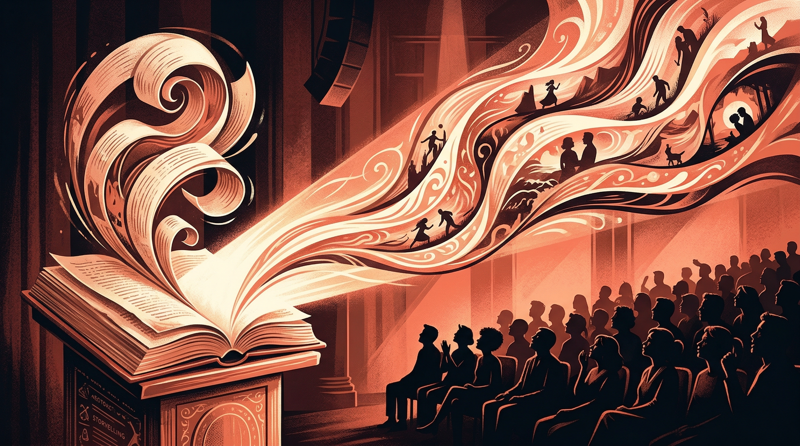 An open book transforming into narrative arcs flowing toward an audience bathed in warm coral light